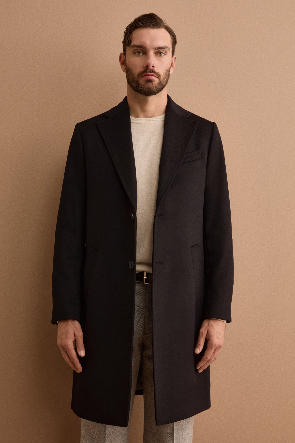 Manteau Homme Midi Monopetto en Laine et Cachemire - NOIR