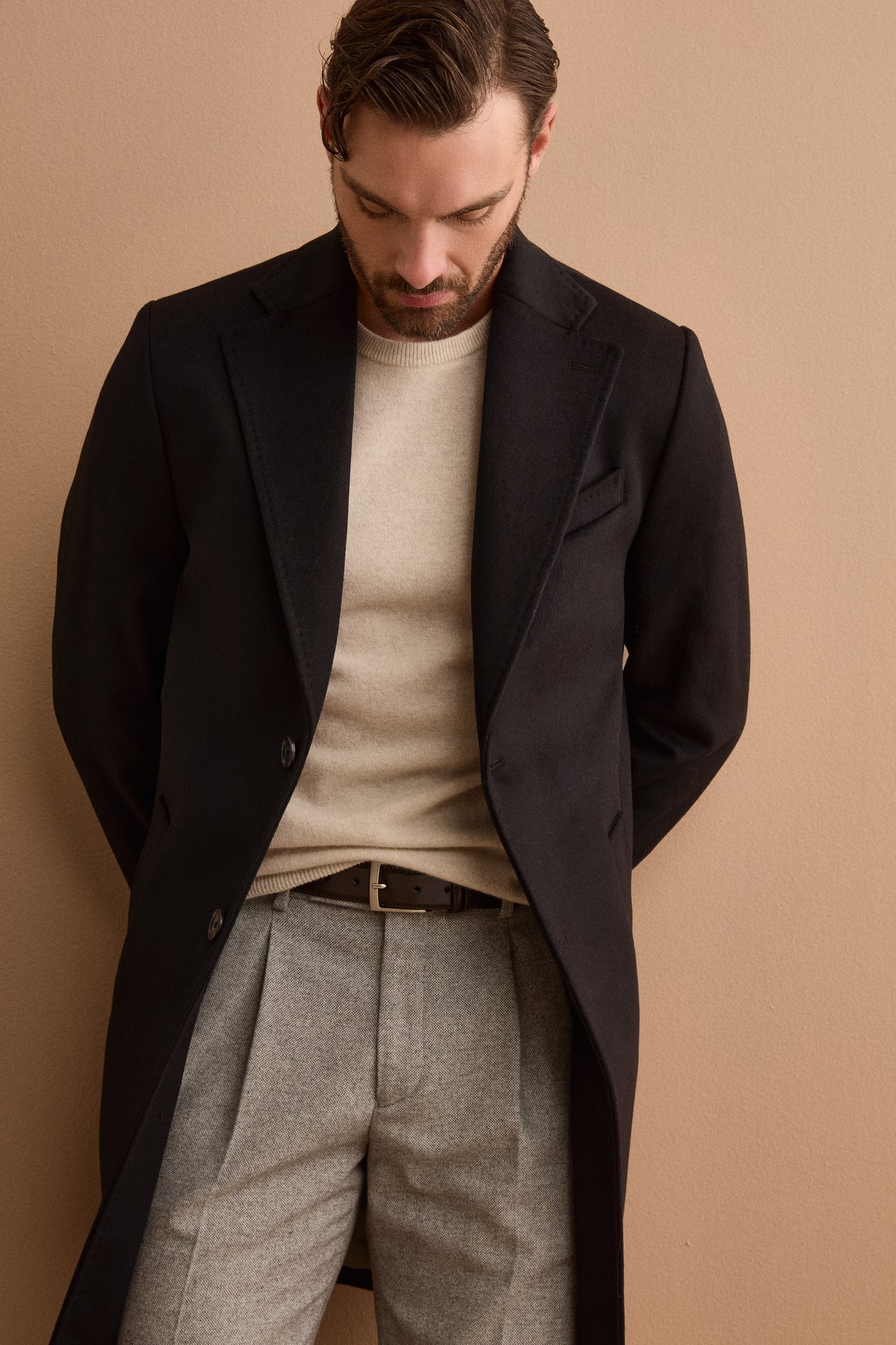 Manteau Homme Midi Monopetto en Laine et Cachemire - NOIR