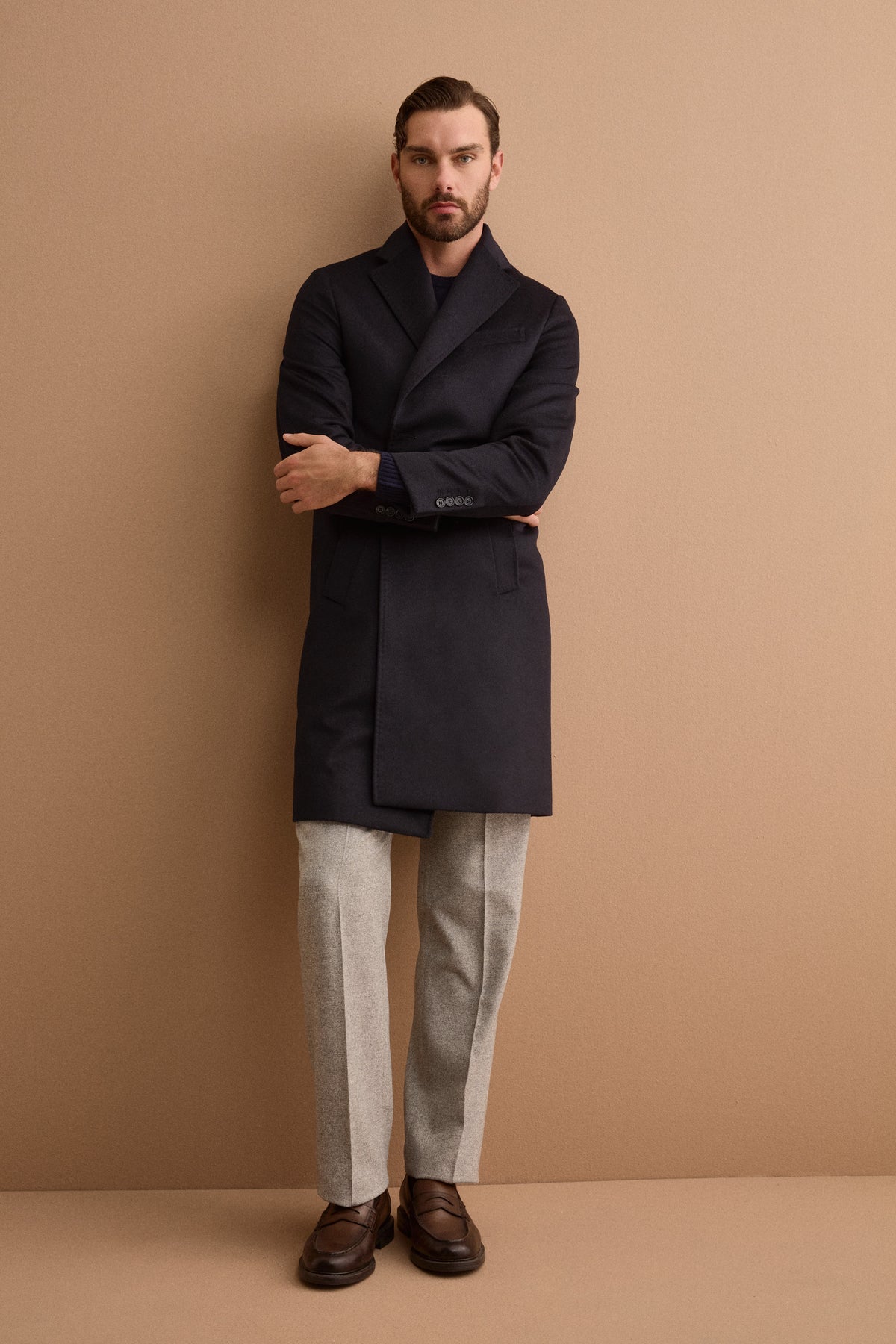Men’s Single-Breasted Midi Coat in Wool and Cashmere - BLUE