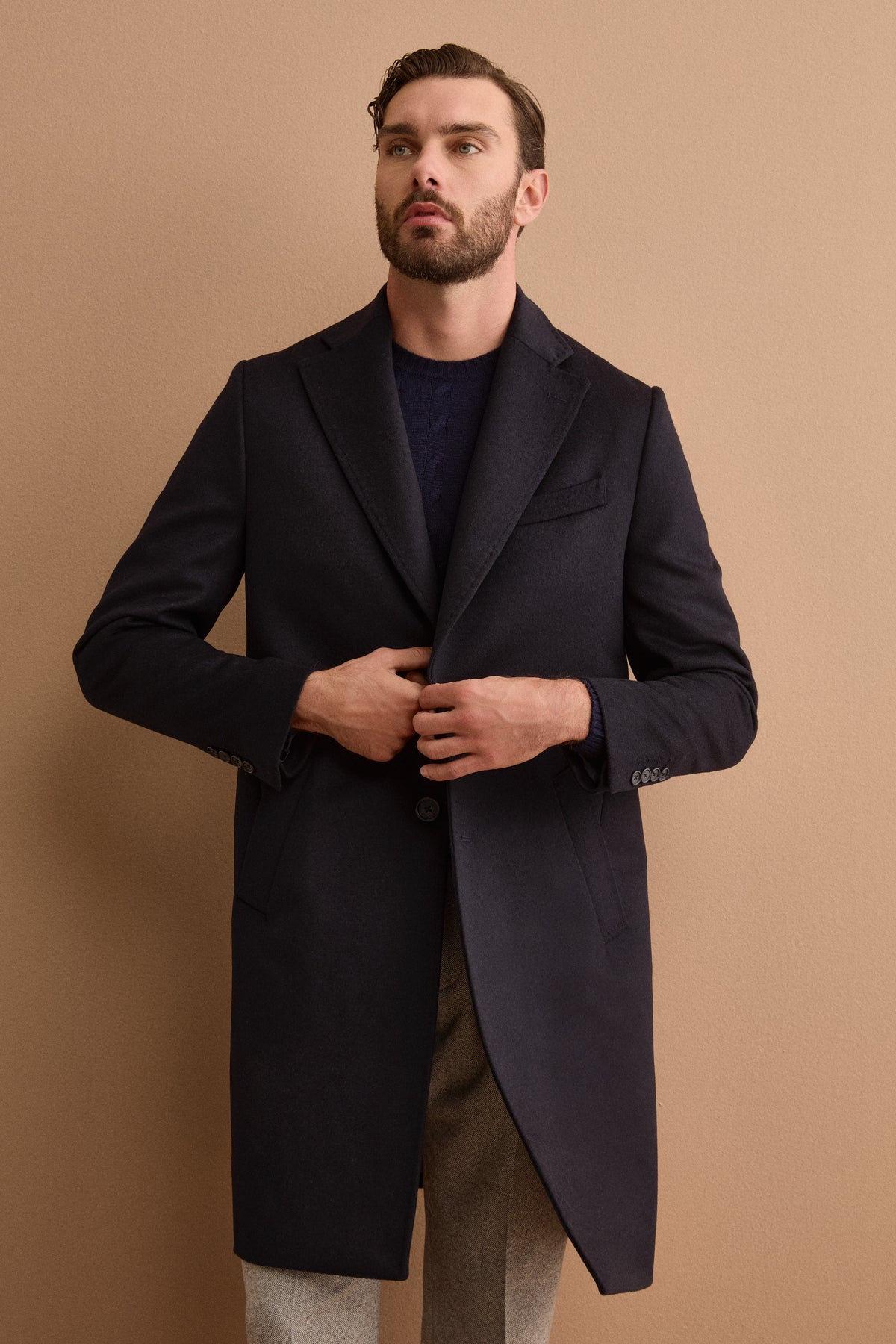 Men’s Single-Breasted Midi Coat in Wool and Cashmere - BLUE