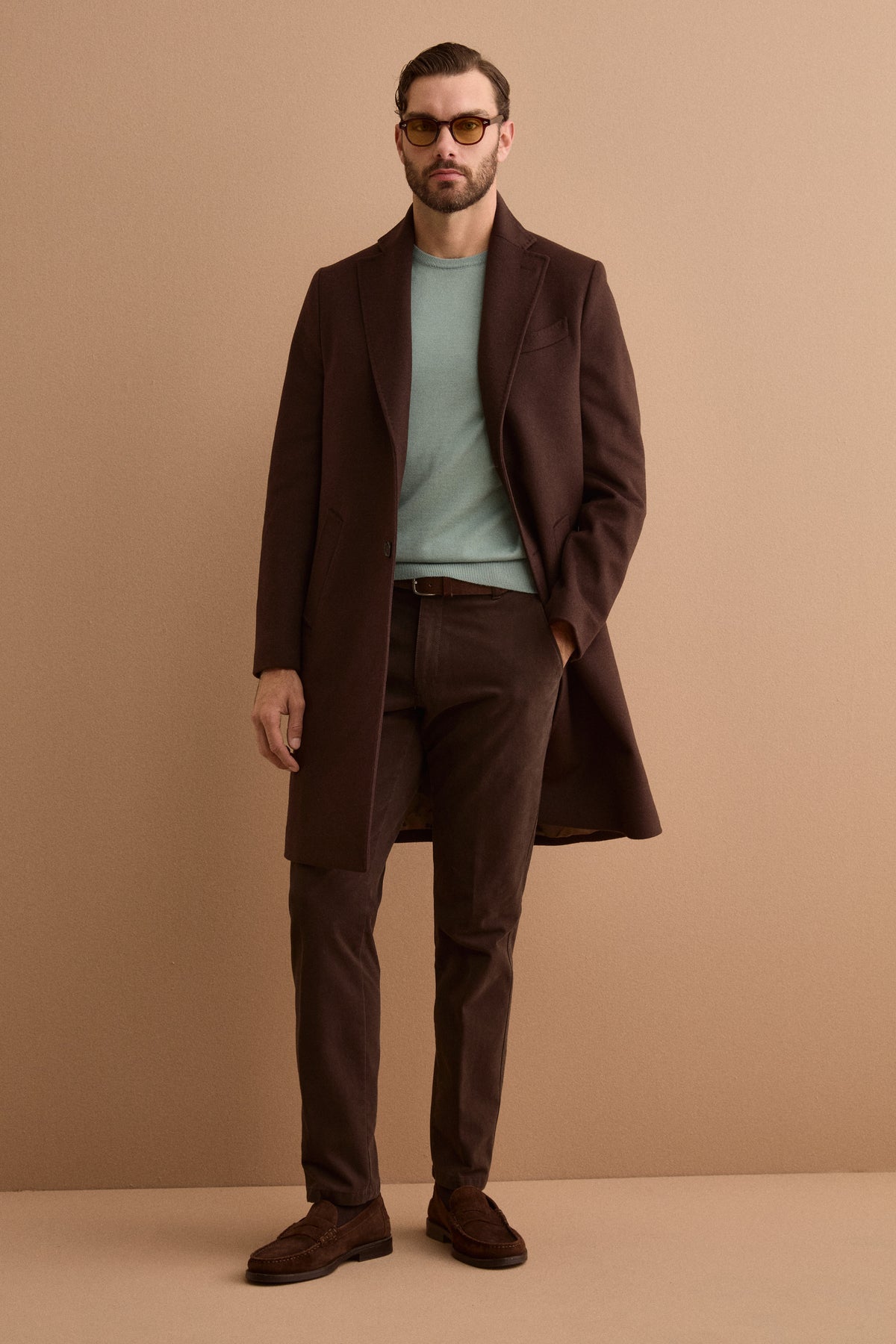 Manteau Homme Midi Monopetto en Laine et Cachemire - marron