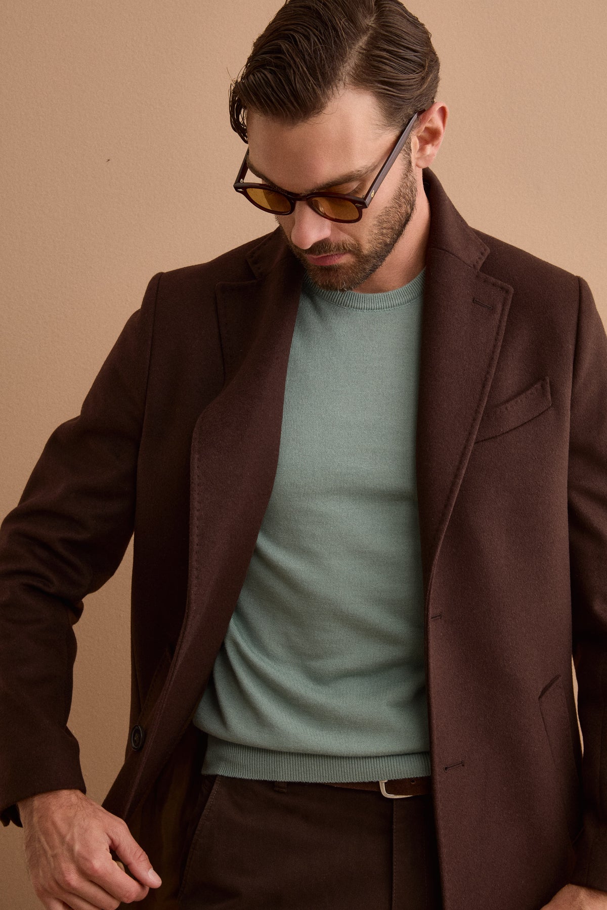 Manteau Homme Midi Monopetto en Laine et Cachemire - marron