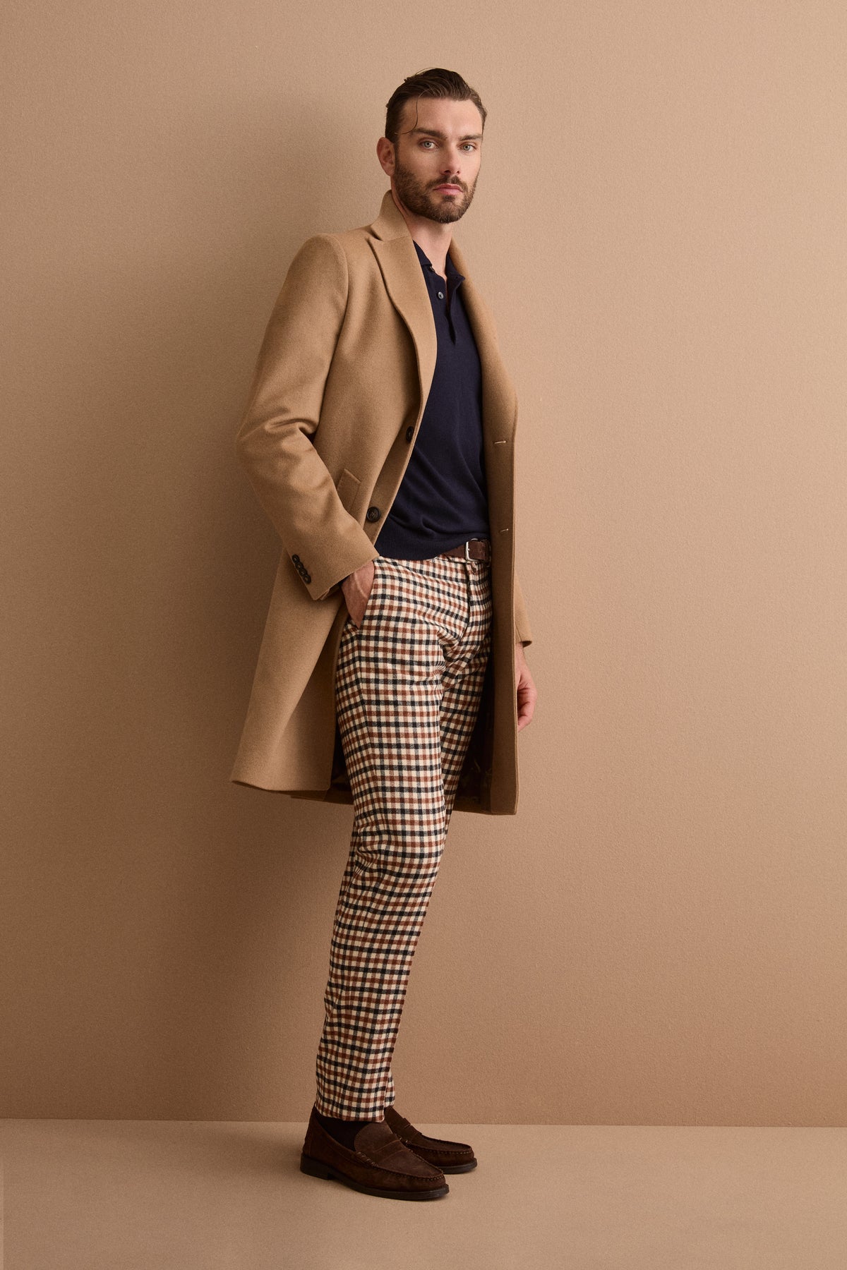 Manteau Homme Midi Monopetto en Laine et Cachemire - Camel