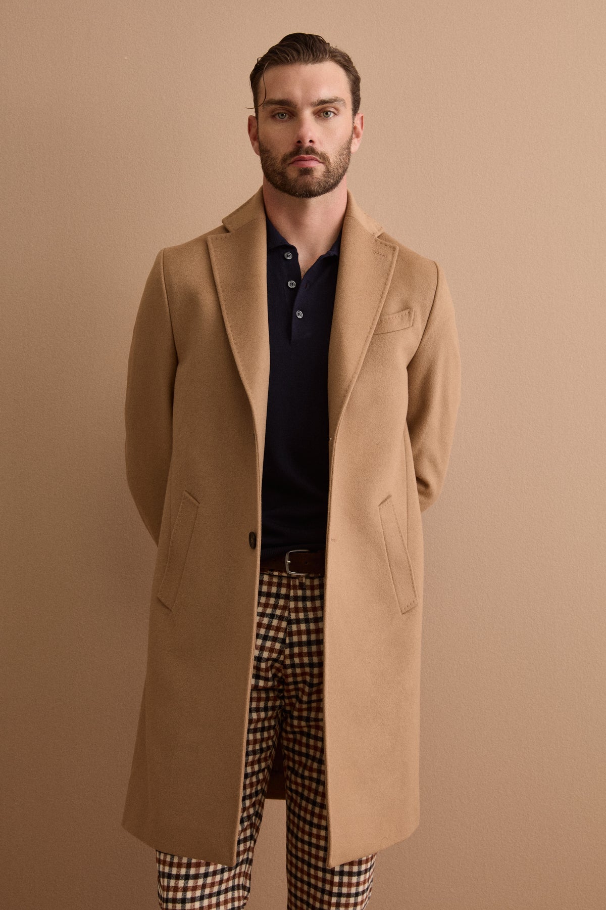 Manteau Homme Midi Monopetto en Laine et Cachemire - Camel