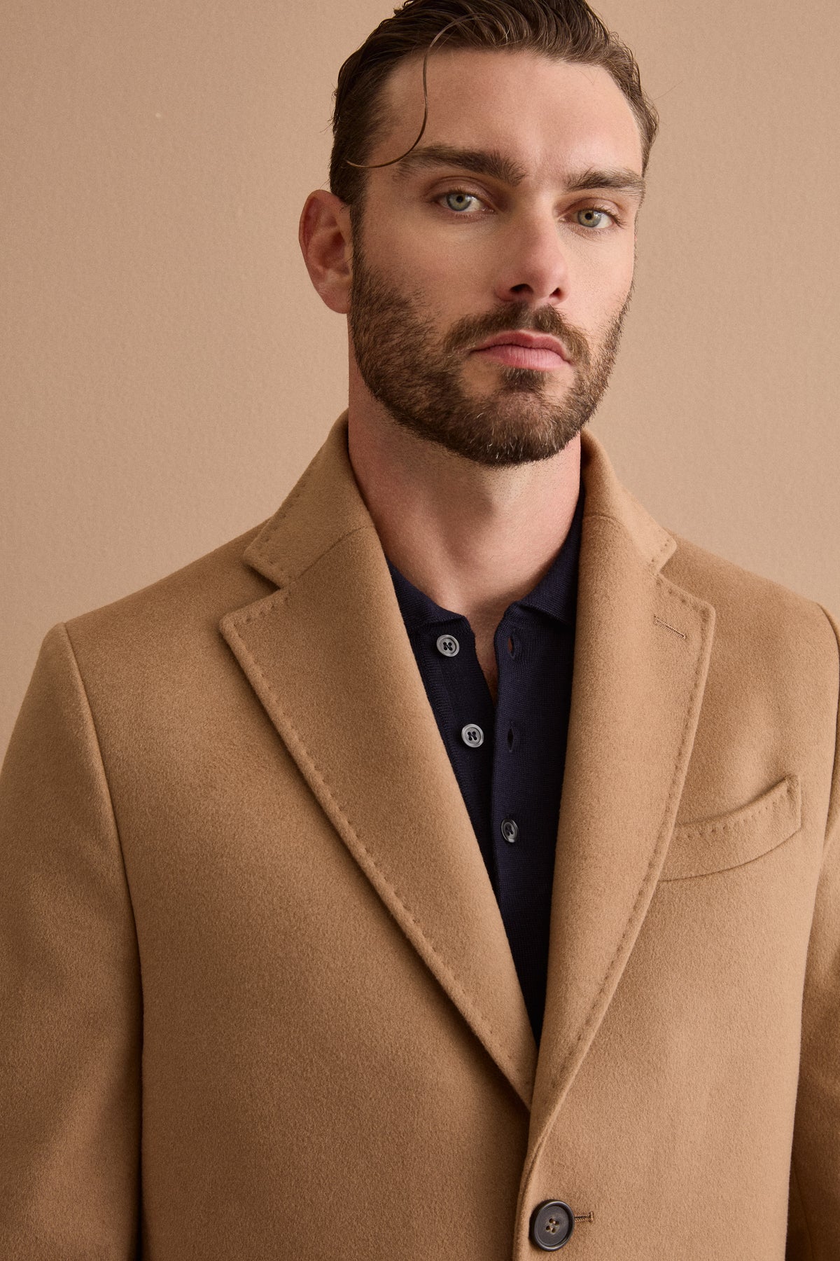 Manteau Homme Midi Monopetto en Laine et Cachemire - Camel