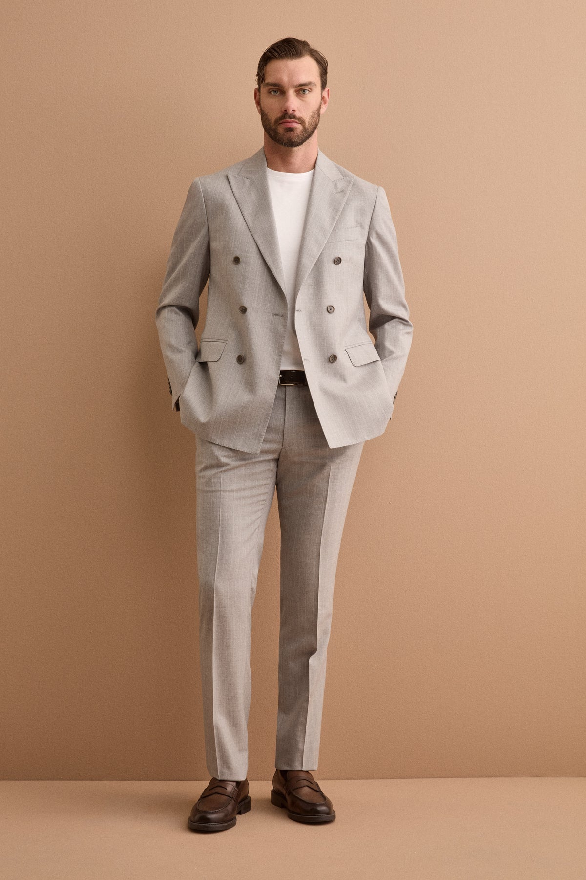 Slim Fit Double-Breasted Suit in Nobility 150’s Virgin Wool - Light Grey Striped