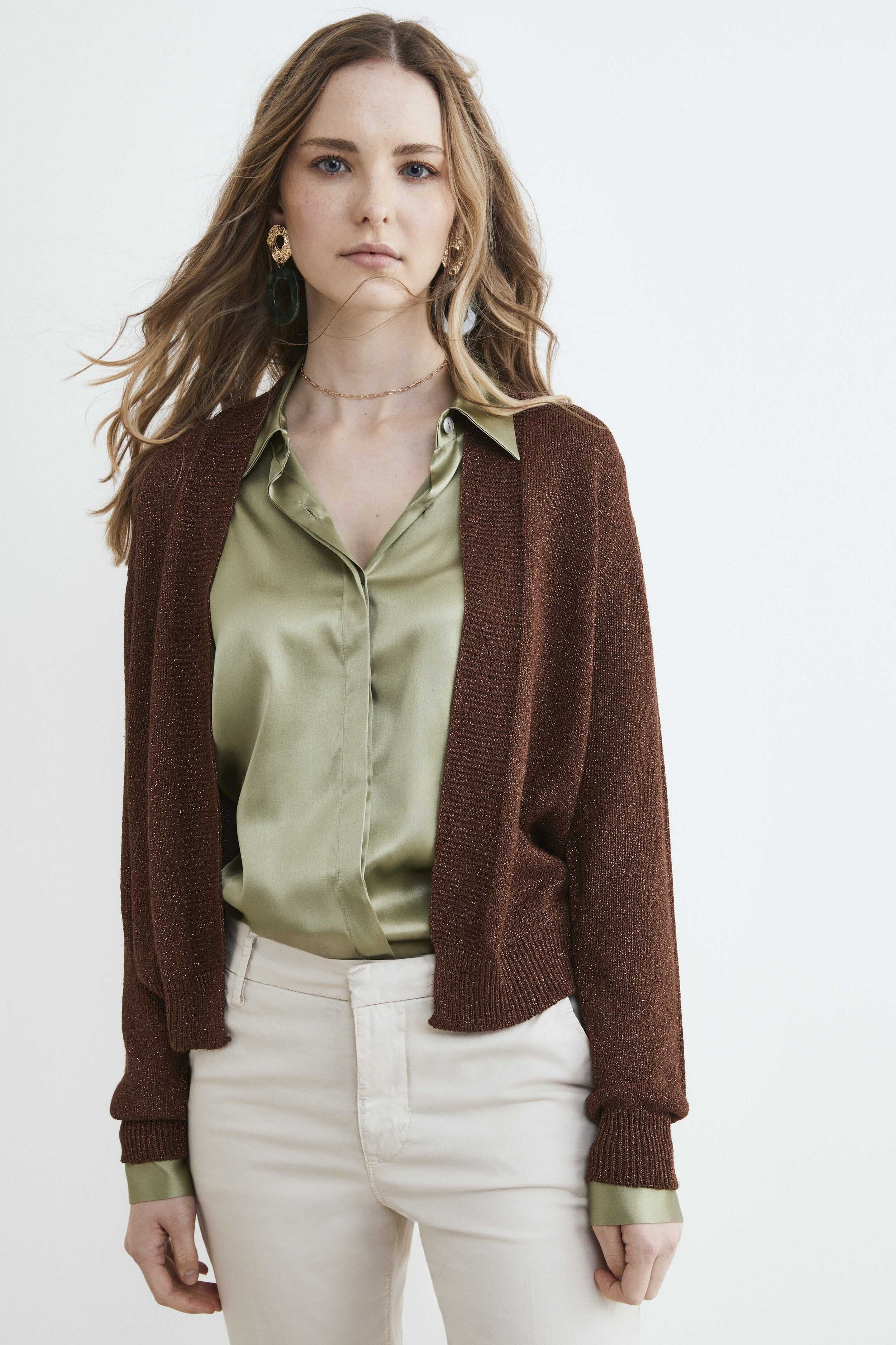 tobacco cardigan Shawl Sweater Coat 2.0 Button front HASSON-Plaited Shaker V Neck Cardigan
