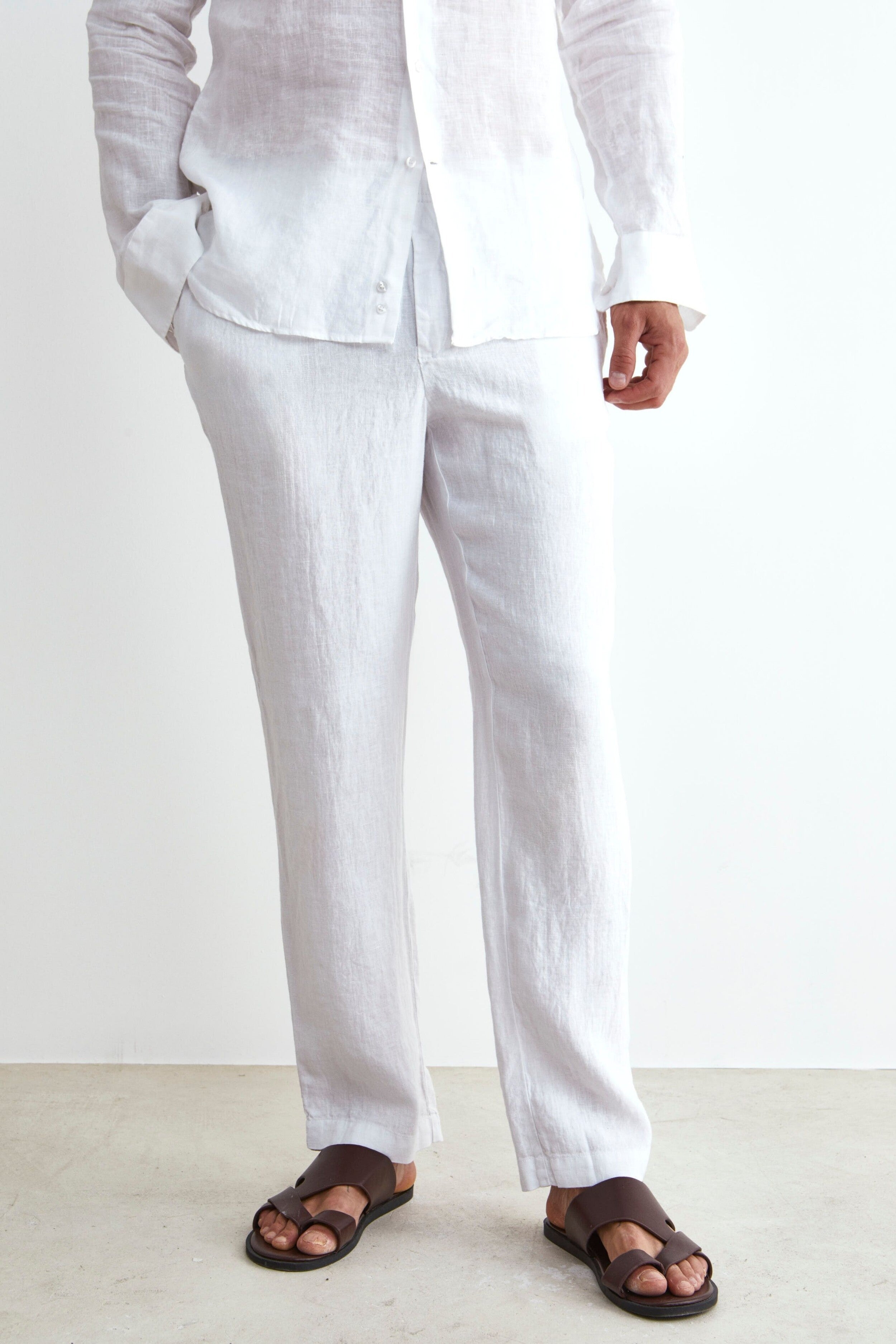 White Linen Trousers with Drawstring WHITE