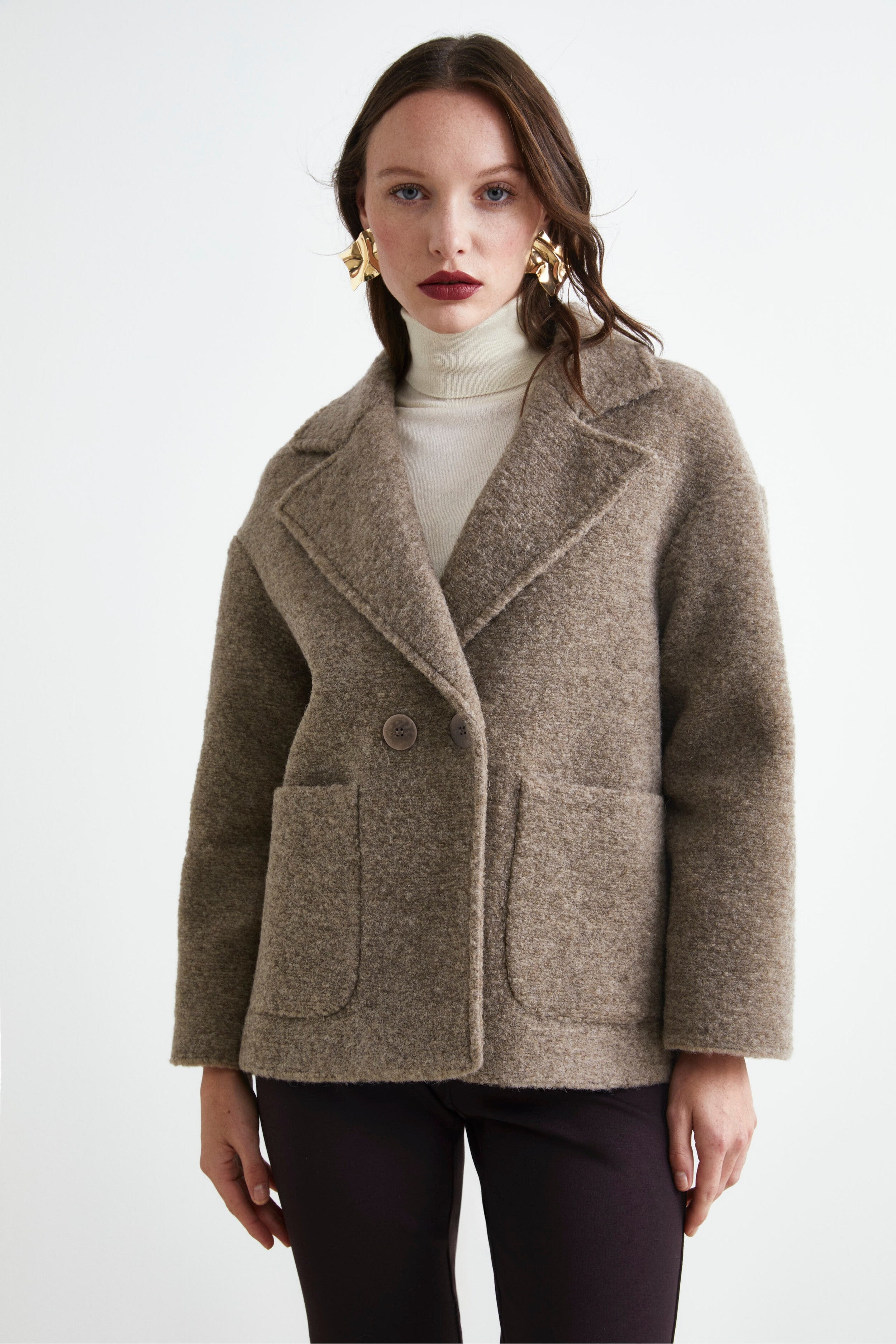 Manteau Court Croisé en Laine Mélangée Marron noyer 40