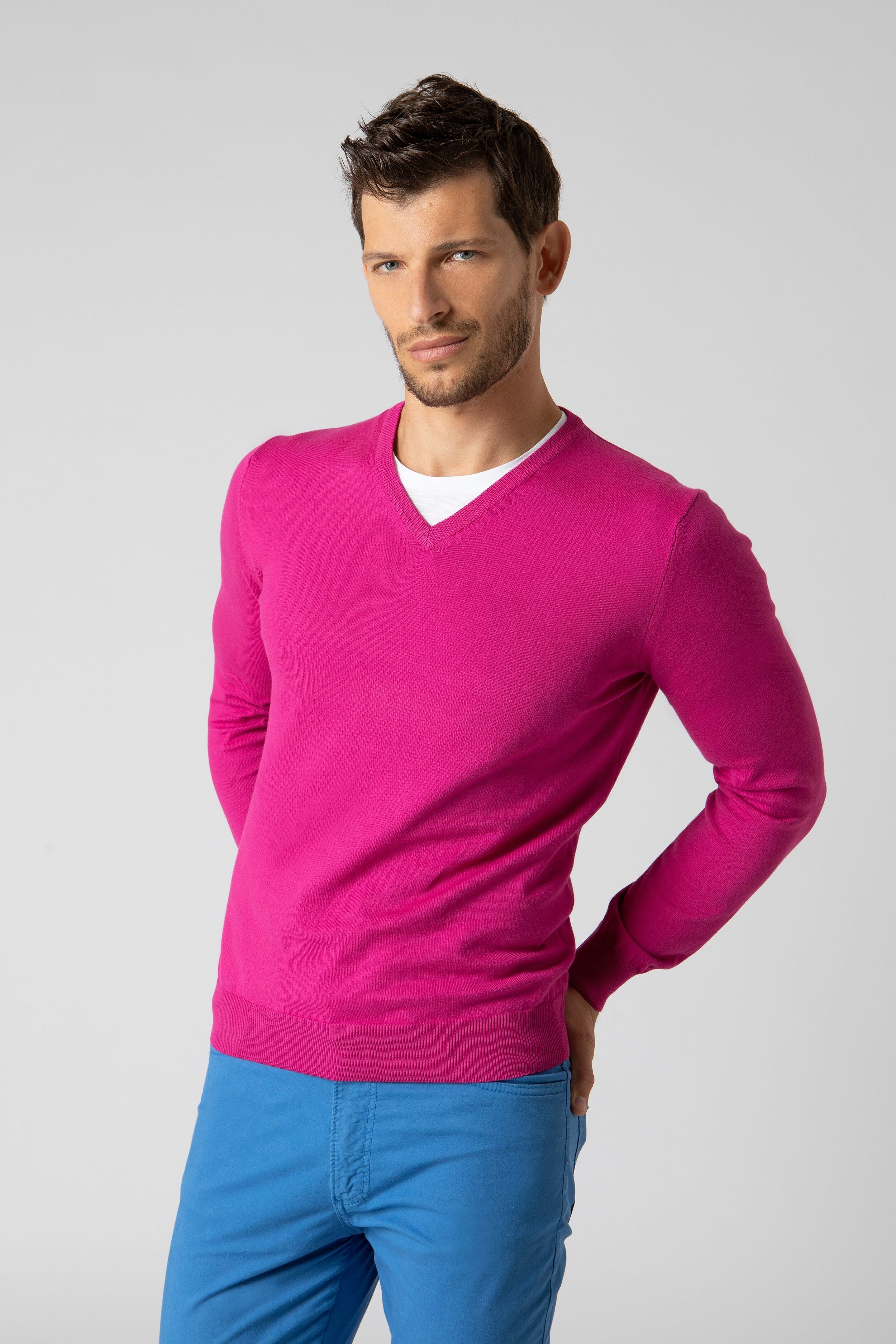 Maglione scollo V in cotone - FUXIA
