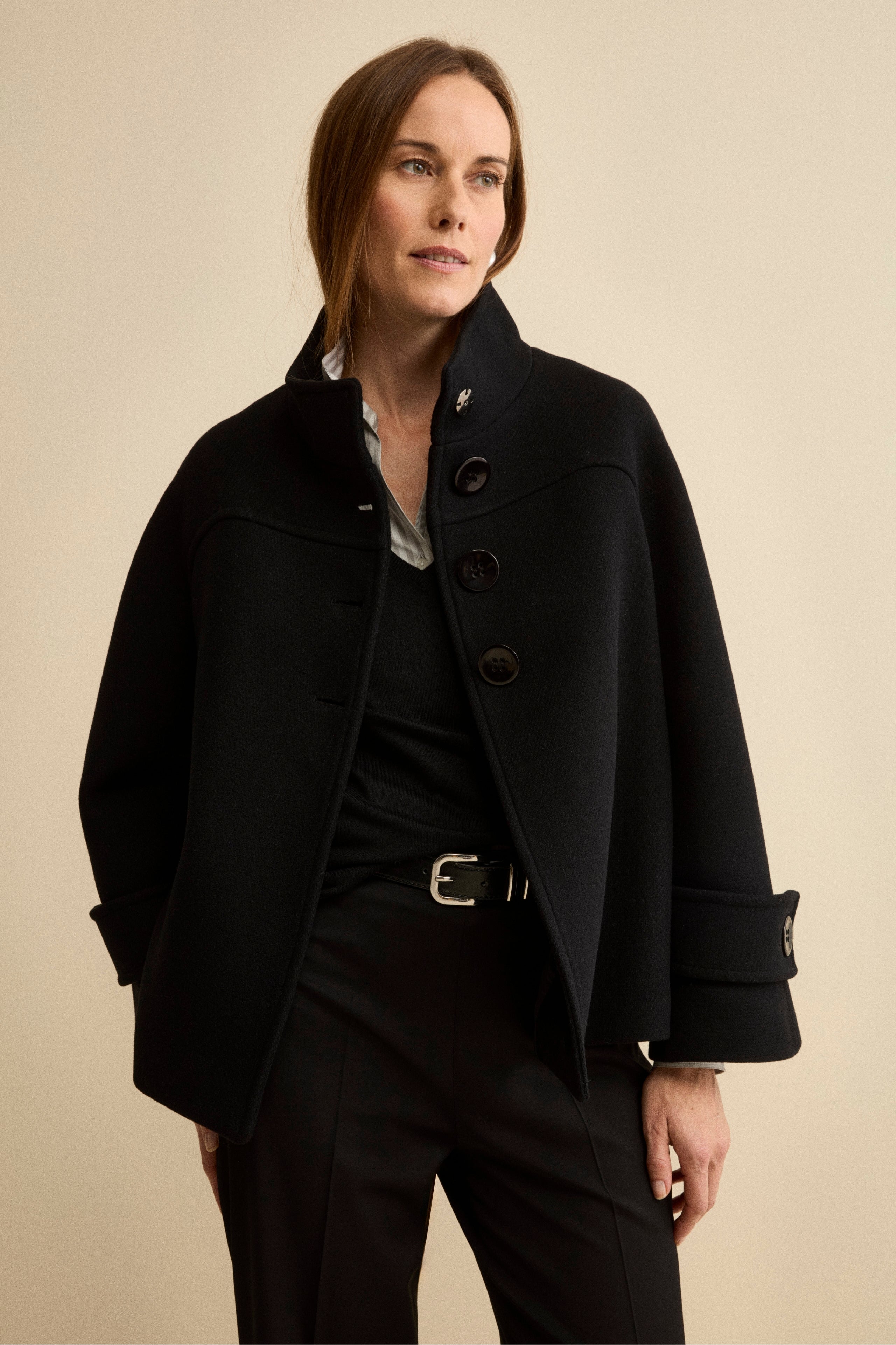 Short Wool Blend Coat with Bell Sleeves - BLACK