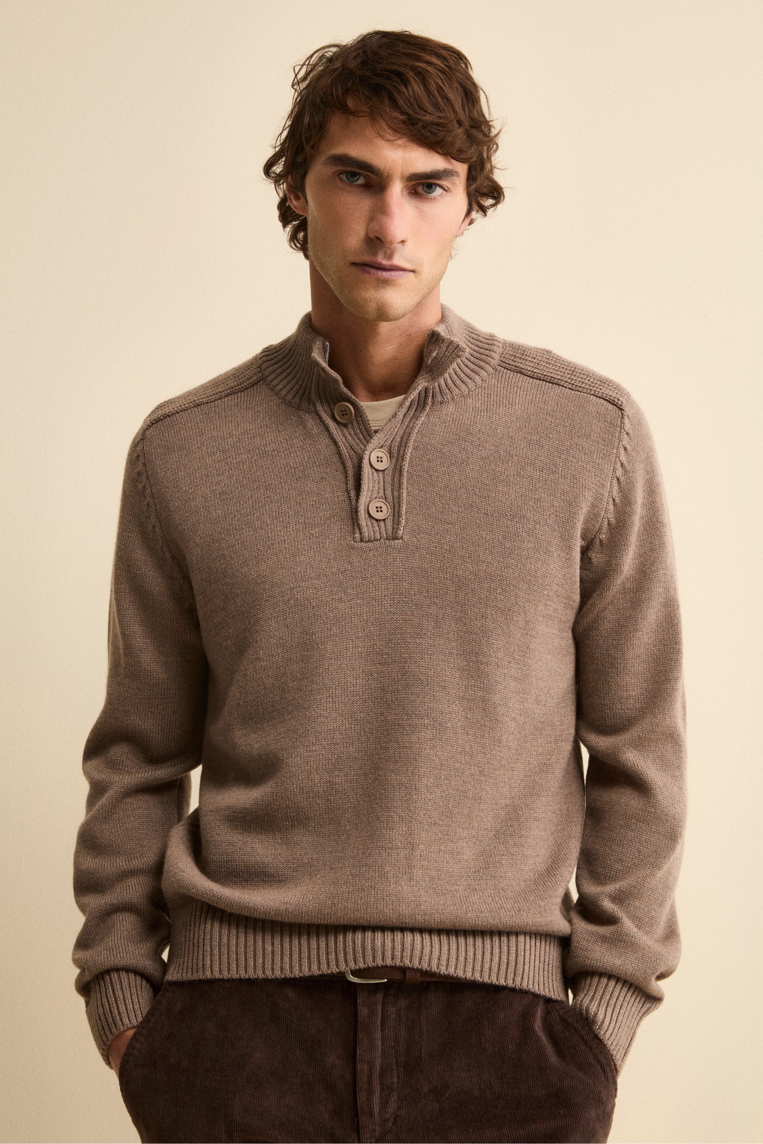 Buttoned Mock Neck in Mouline Virgin Wool - gray