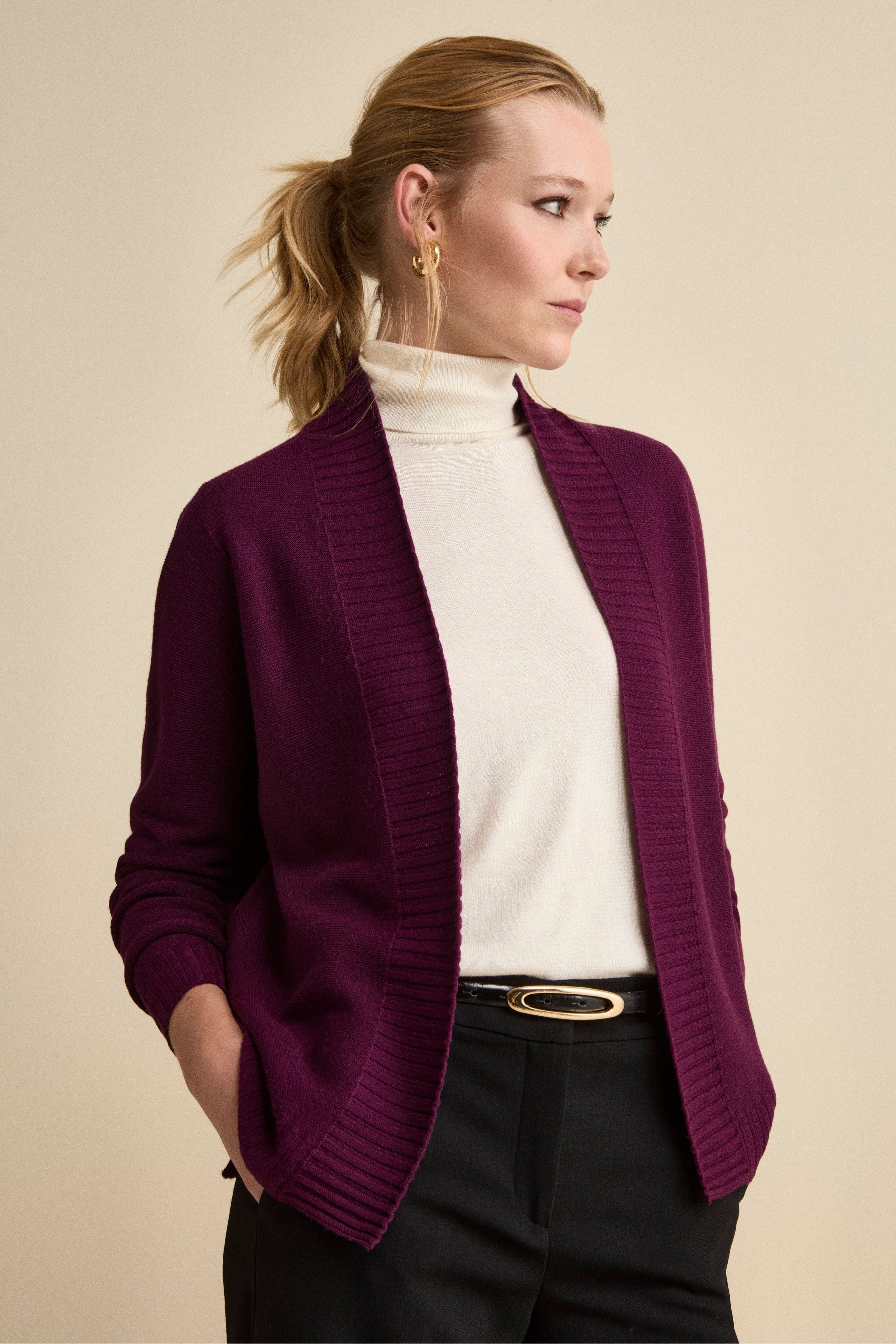Long Wool Cardigan with Shawl Collar - VIOLET