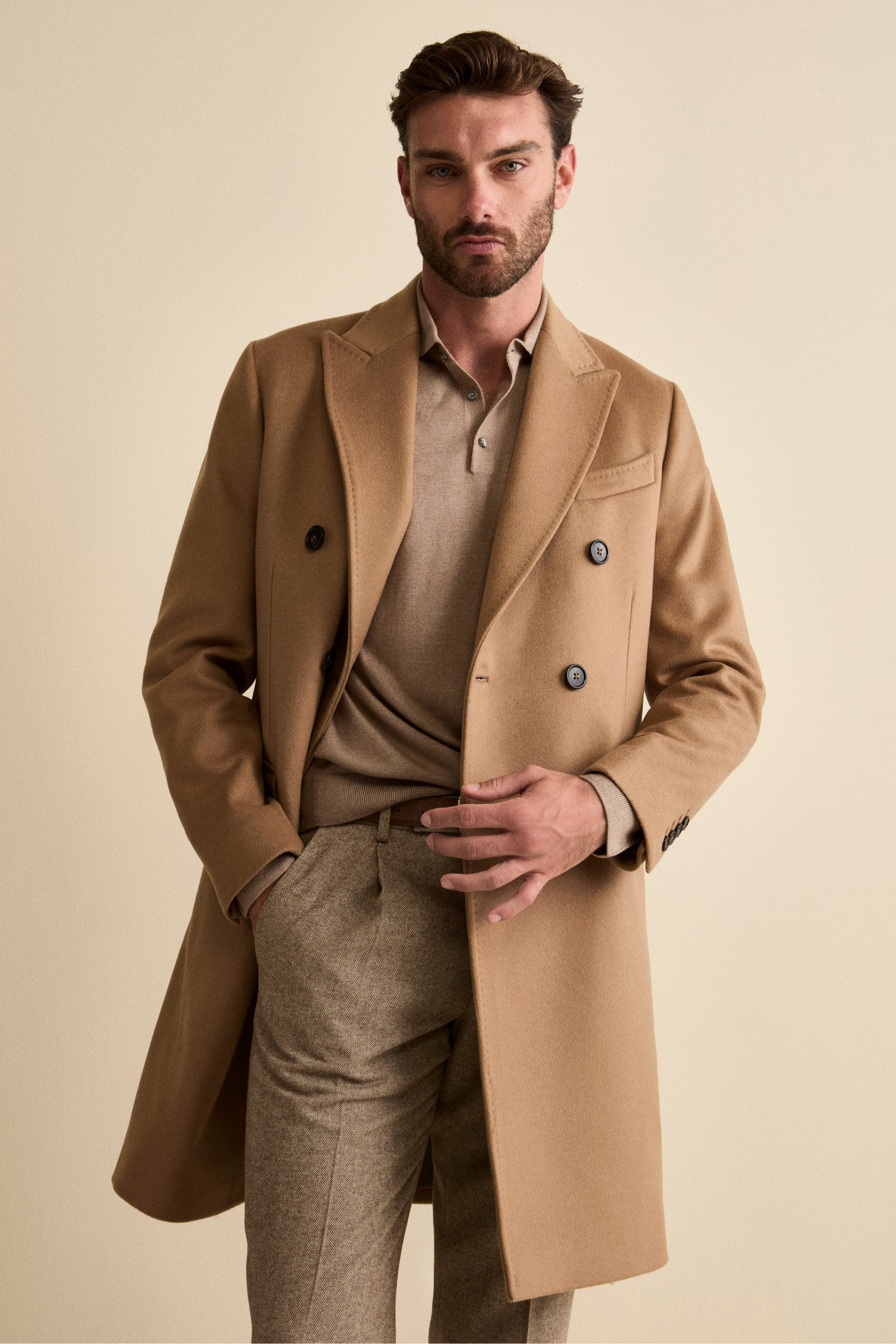 Midi Double-Breasted Coat in Wool and Cashmere Blend with Half-Belt - Camel