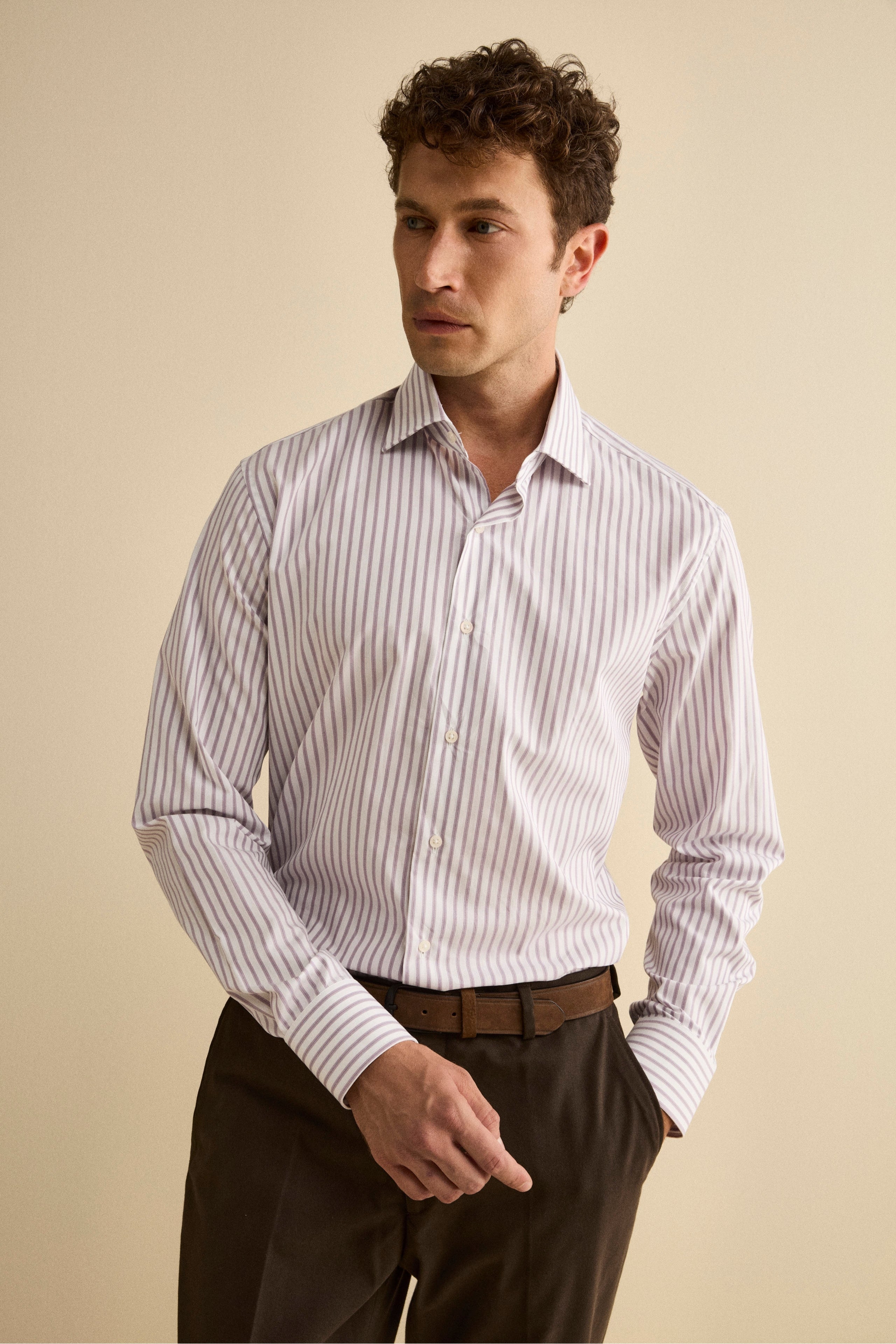 Cotton Printed Shirt Custom Fit with French Collar - WHITE/LILAC STRIPED