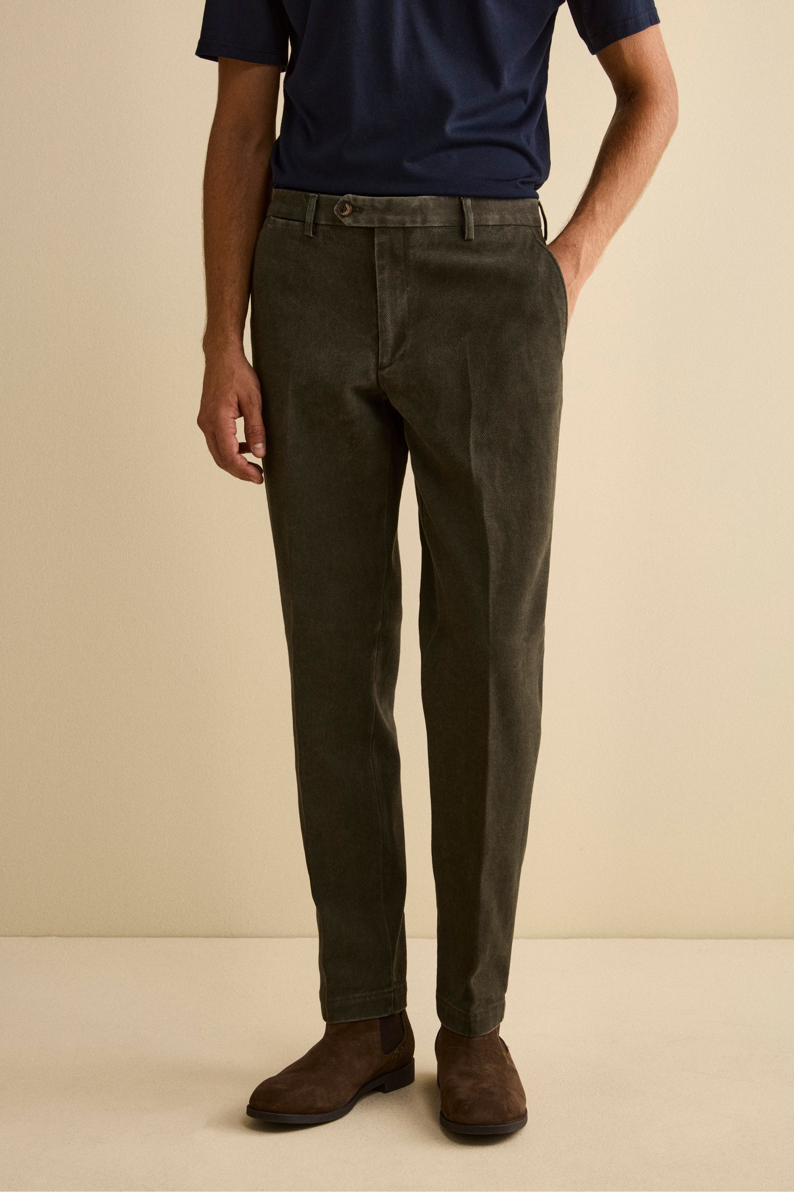 Cotton Slim Fit Pleated Trousers Green 44