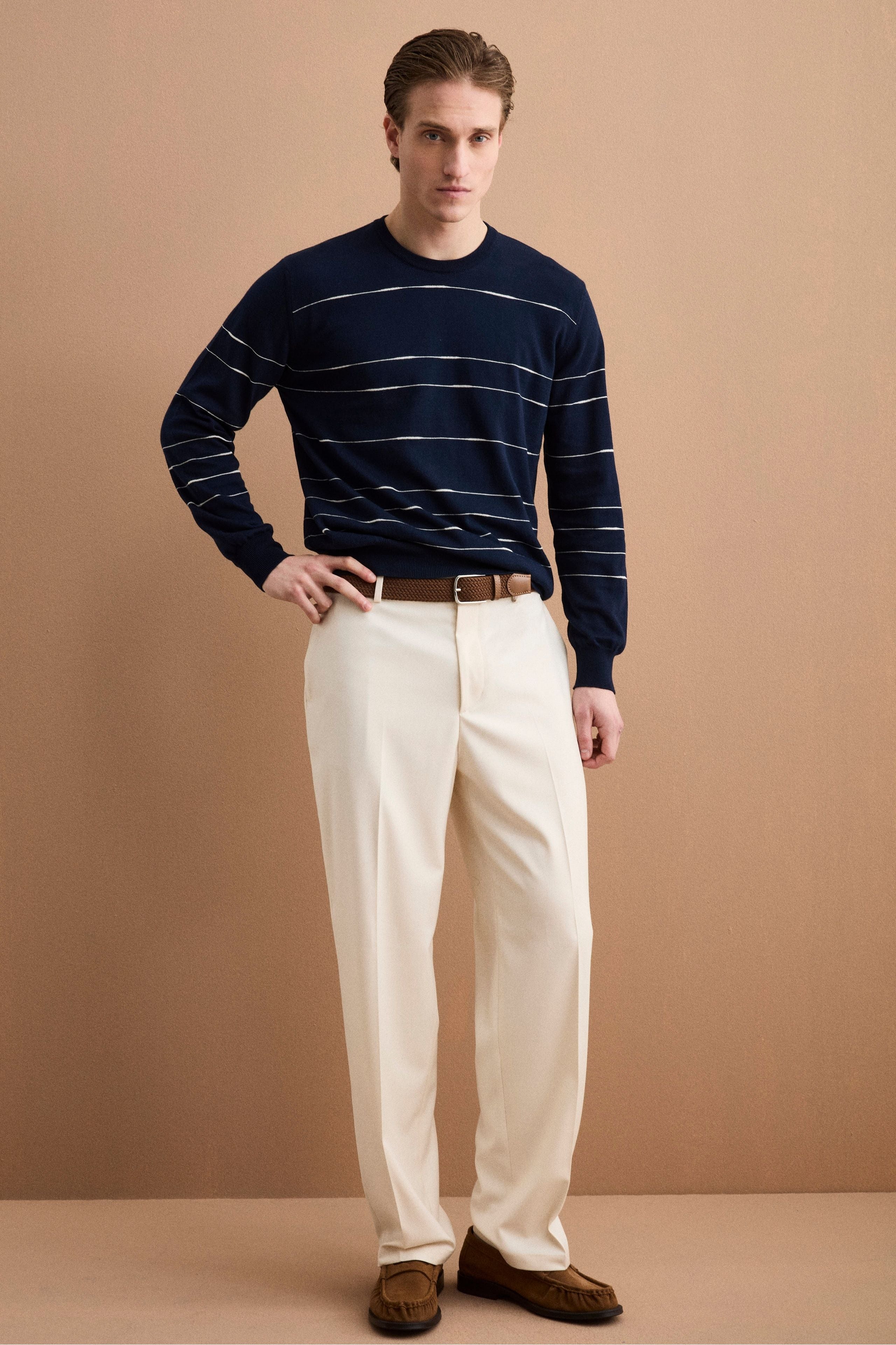 Gestreifter Rundhals-Strickpullover aus Baumwolle Regular Fit - Blau-Weiß