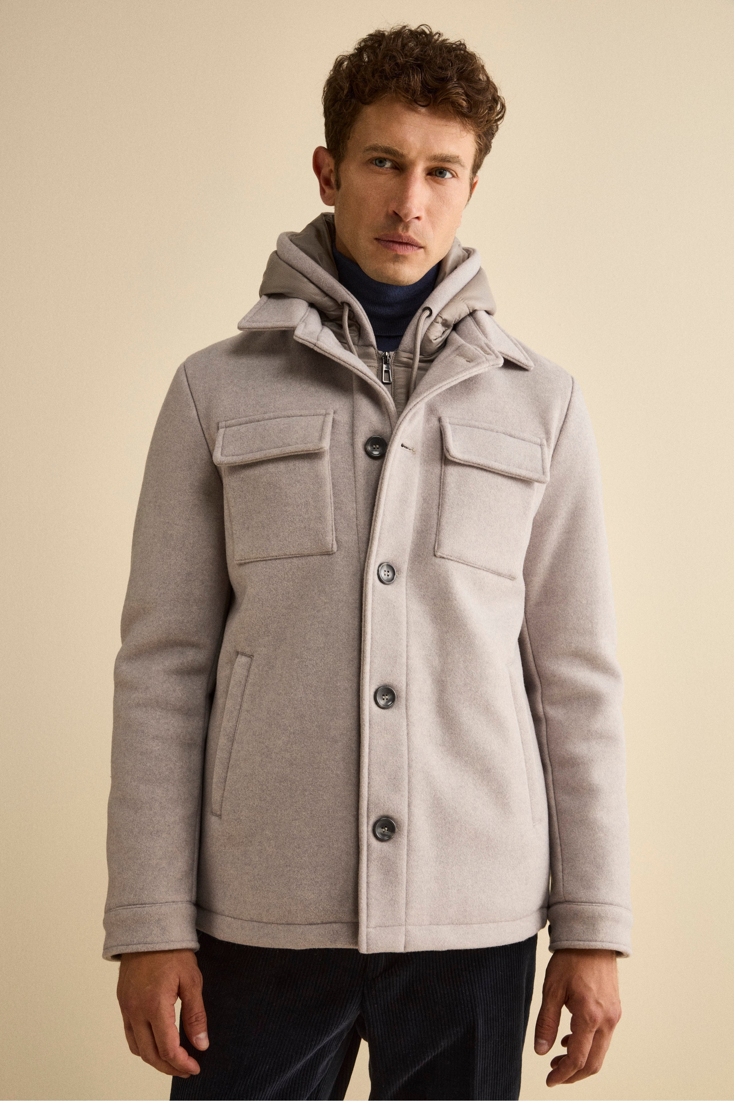 Short Wool-Blend Coat with Removable Bib - Light grey