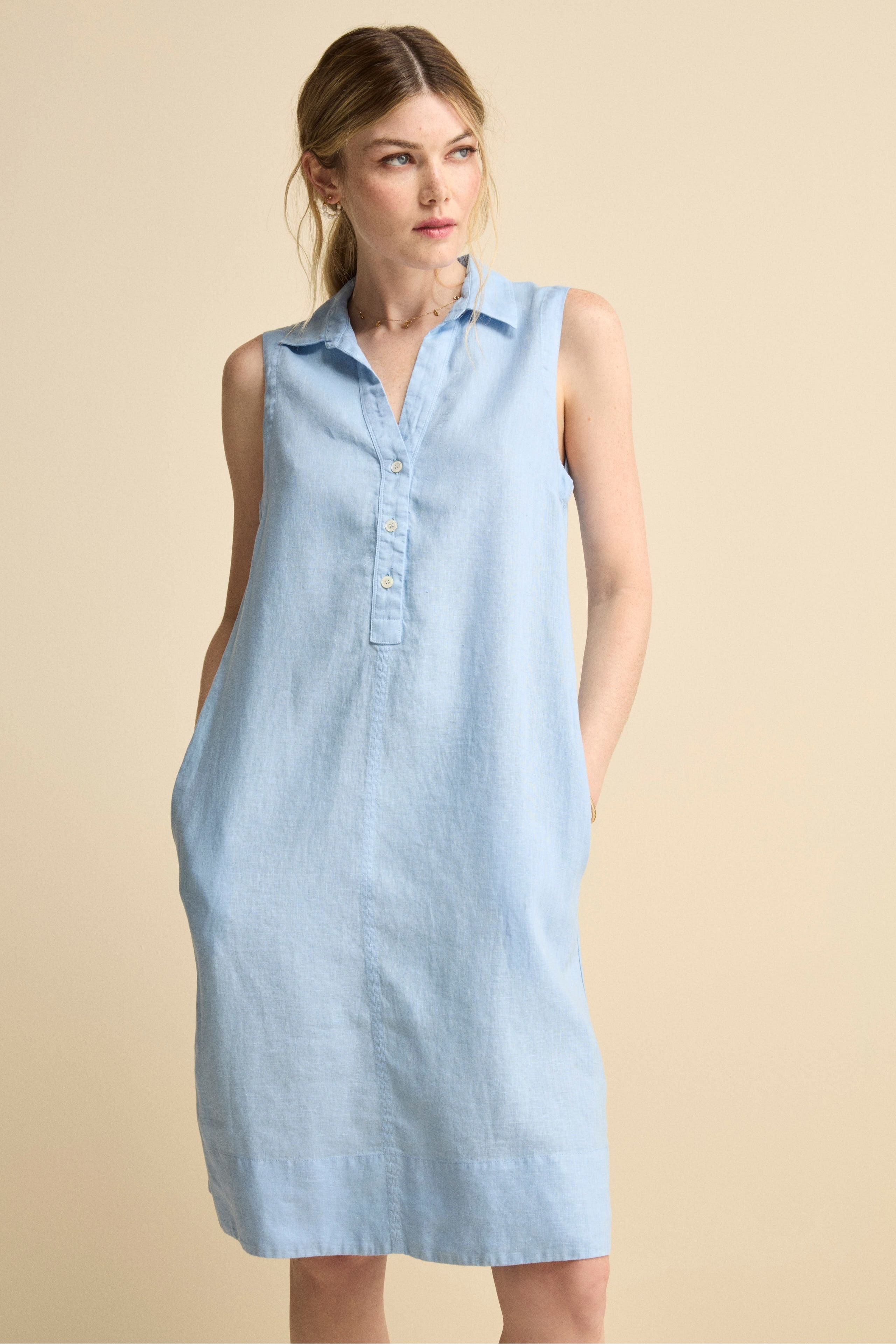 Sleeveless Linen Shirt Dress Light blue