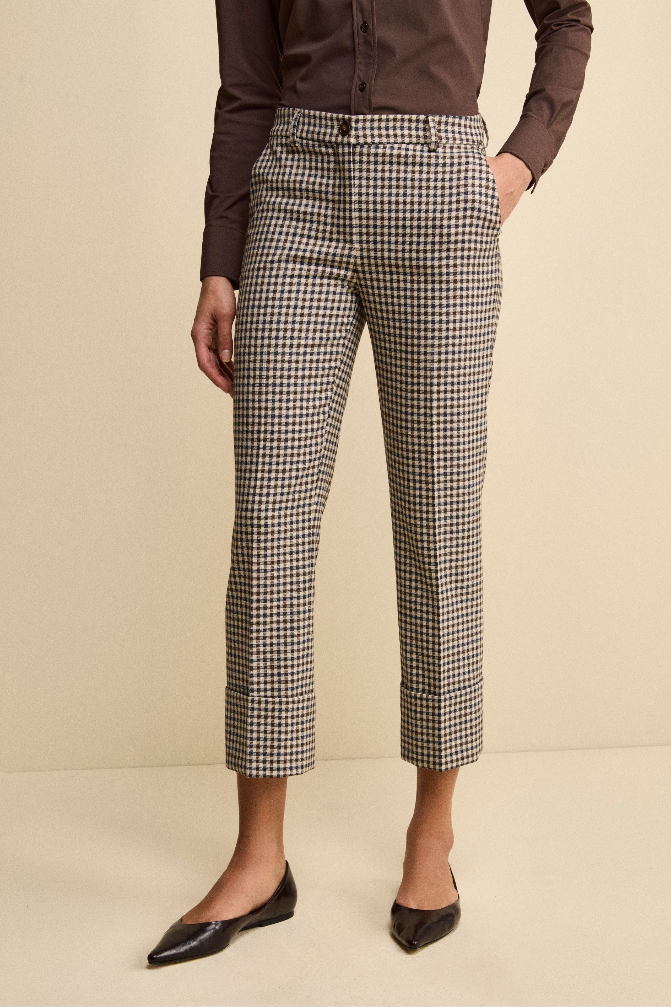 Slim-Fit Cigarette Trousers with Turn-Up Hem - Beige check