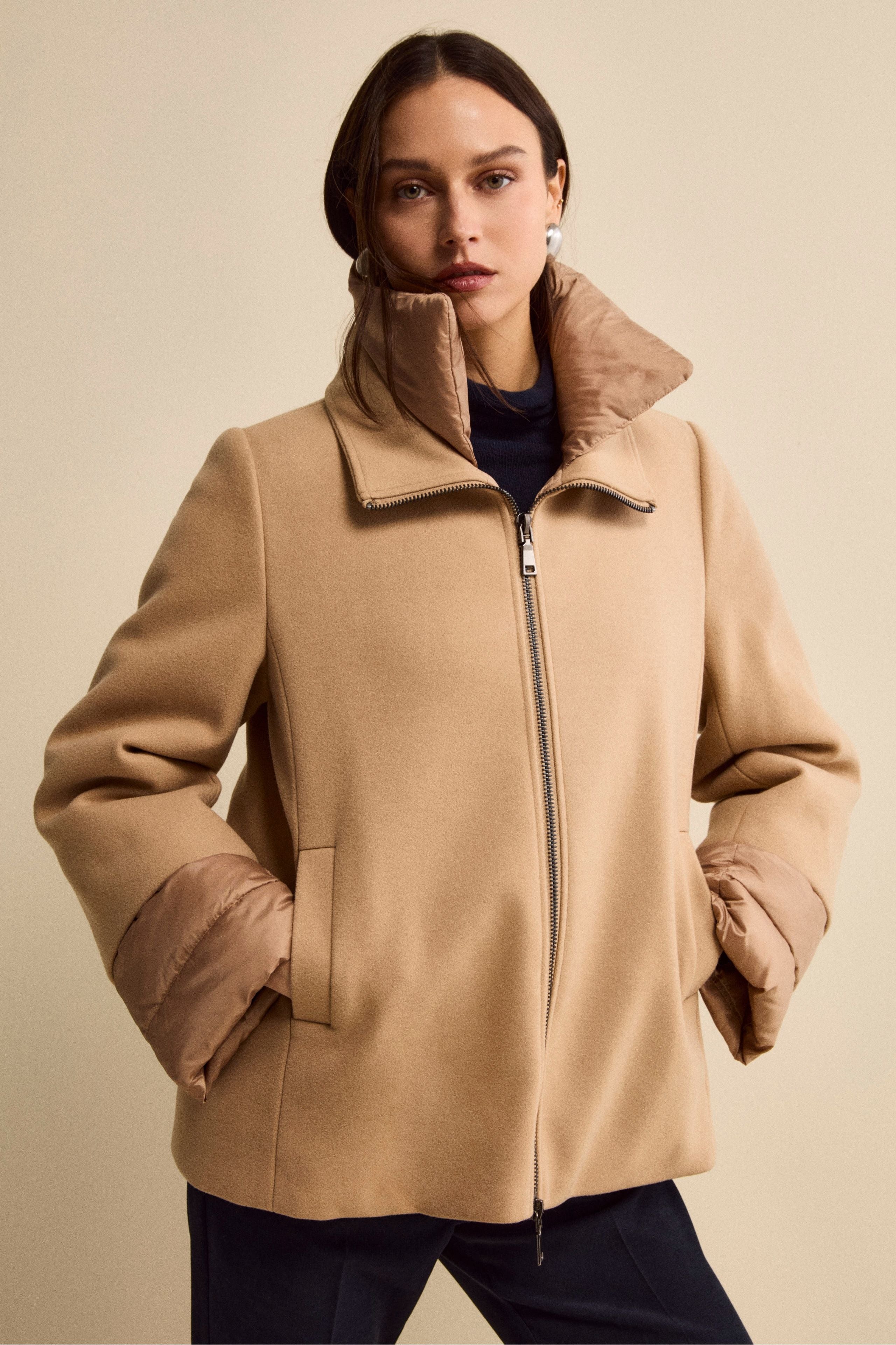 Quilted Flared Jacket with Zip - Camel