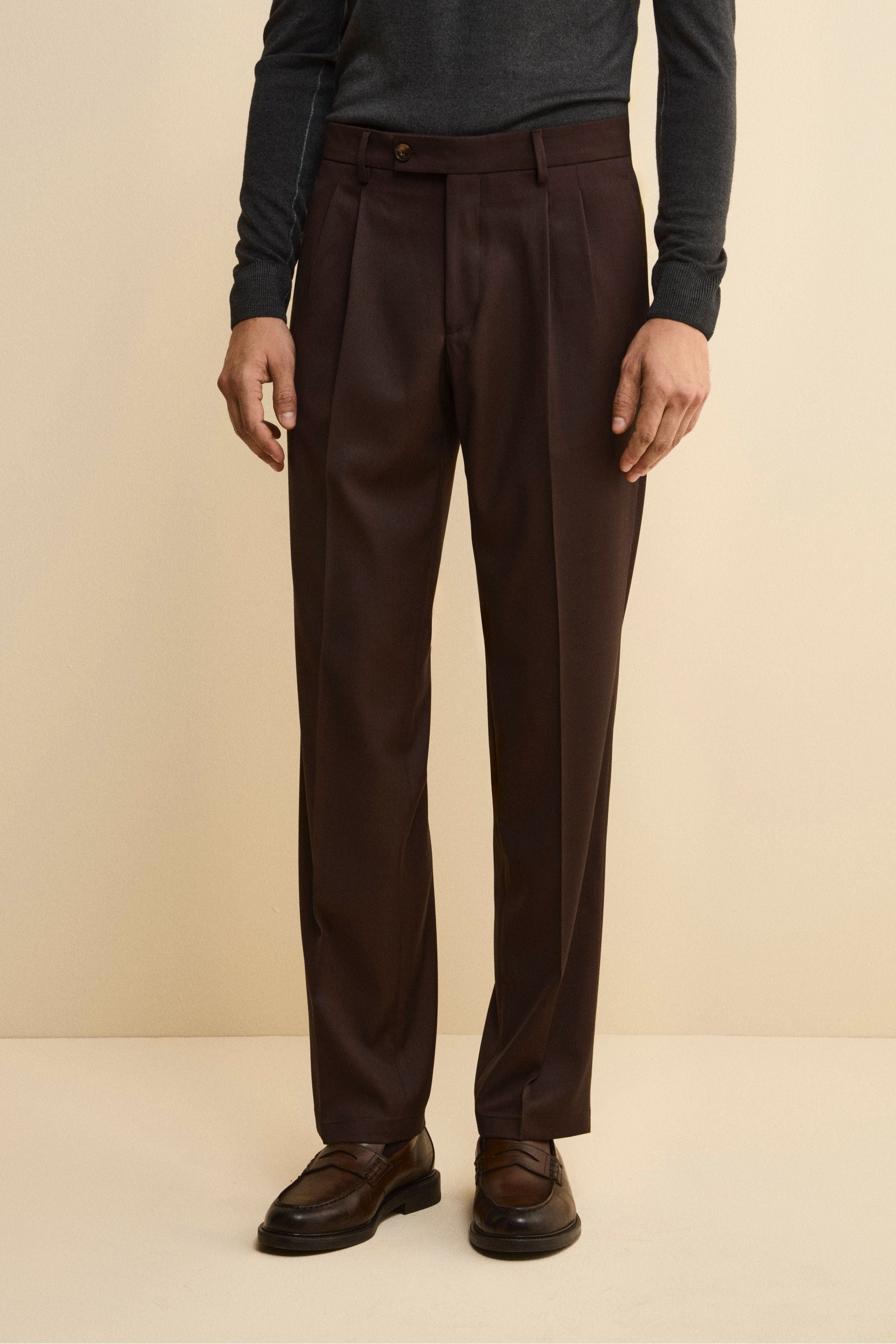 Wide-Leg Wool Blend Trousers with Pleats - brown