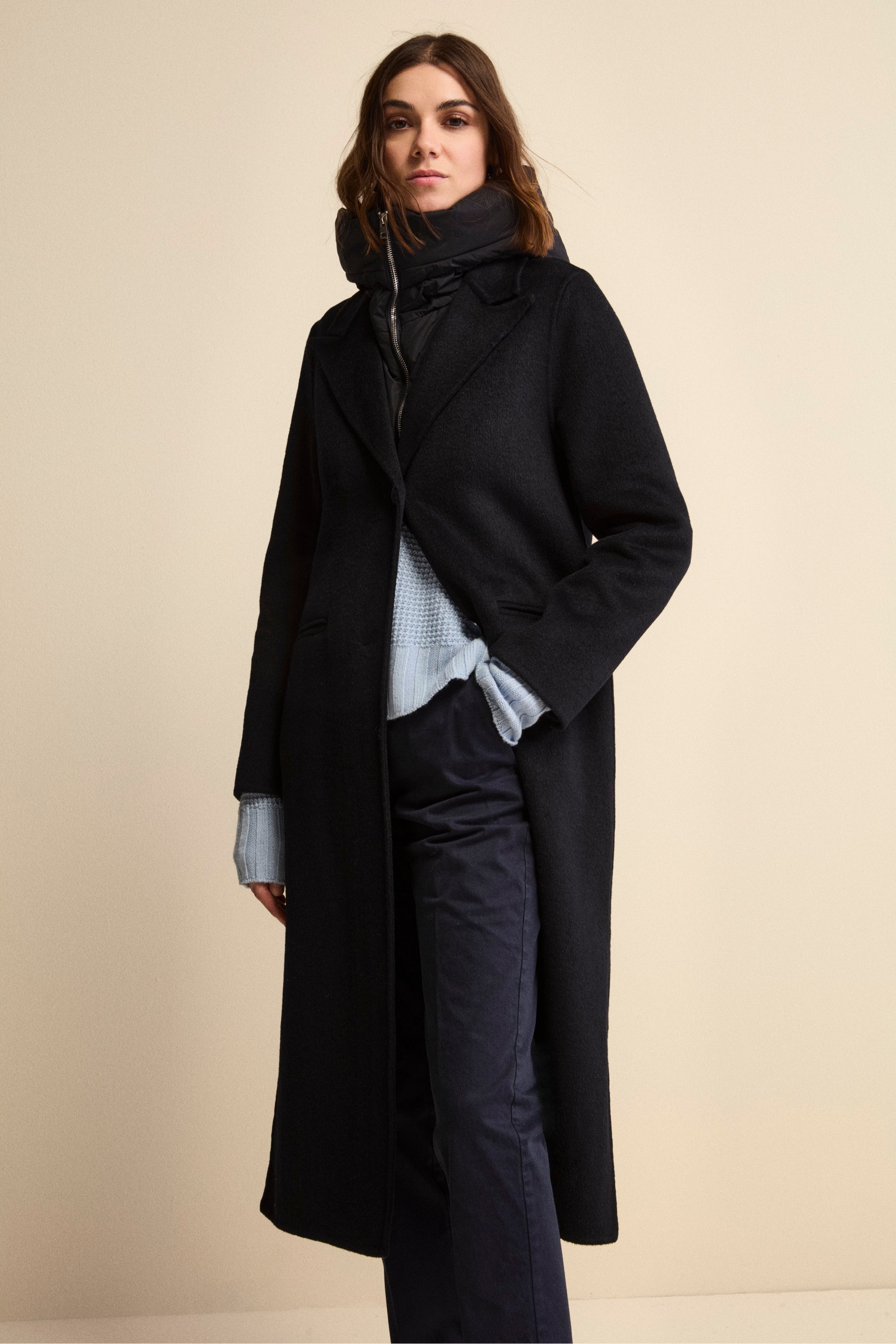 Long Wool-Blend Coat with Detachable Bib and Hood - BLUE