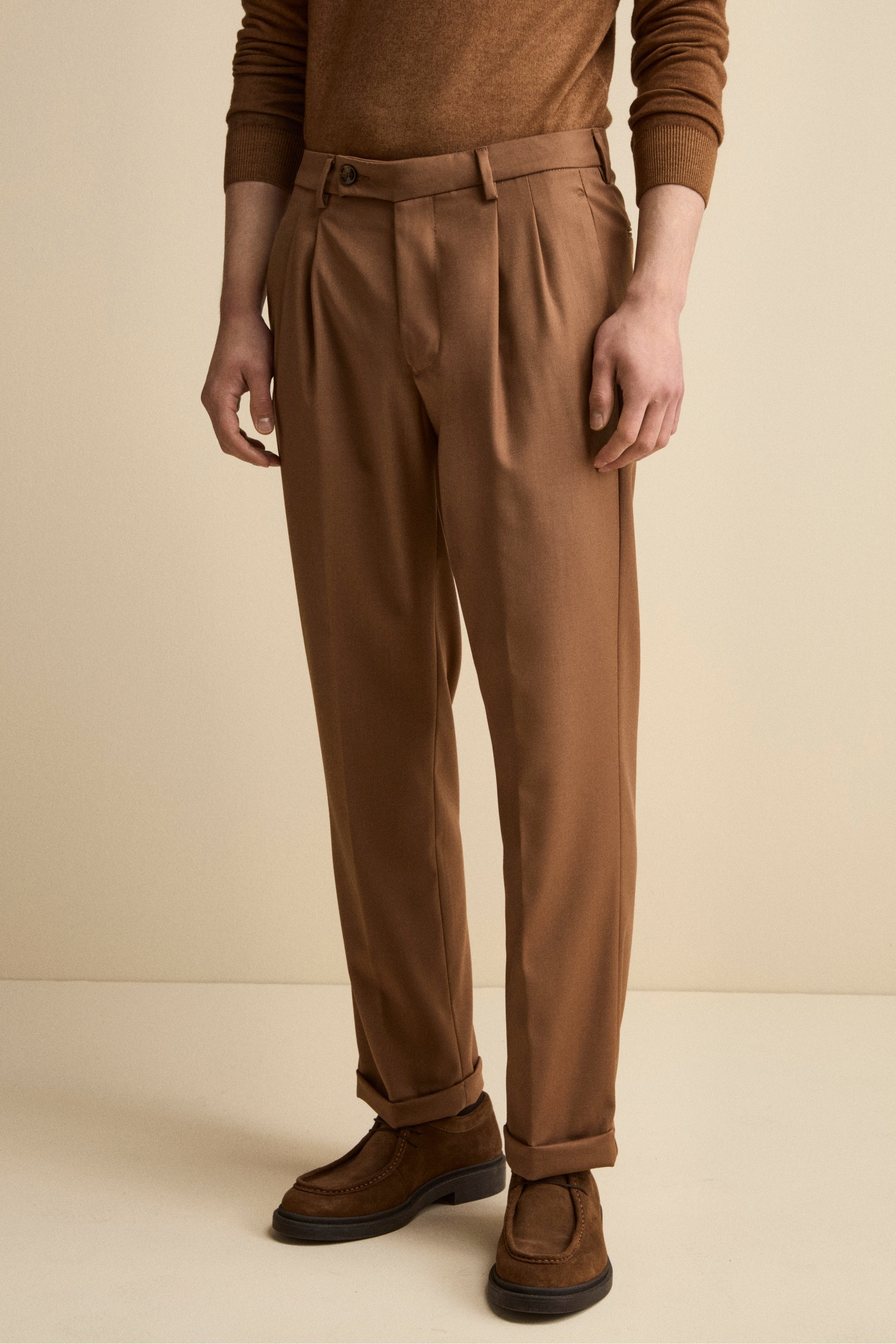 Straight-Leg Wool-Blend Trousers with Pleats and Cuffed Hem - Cappuccino