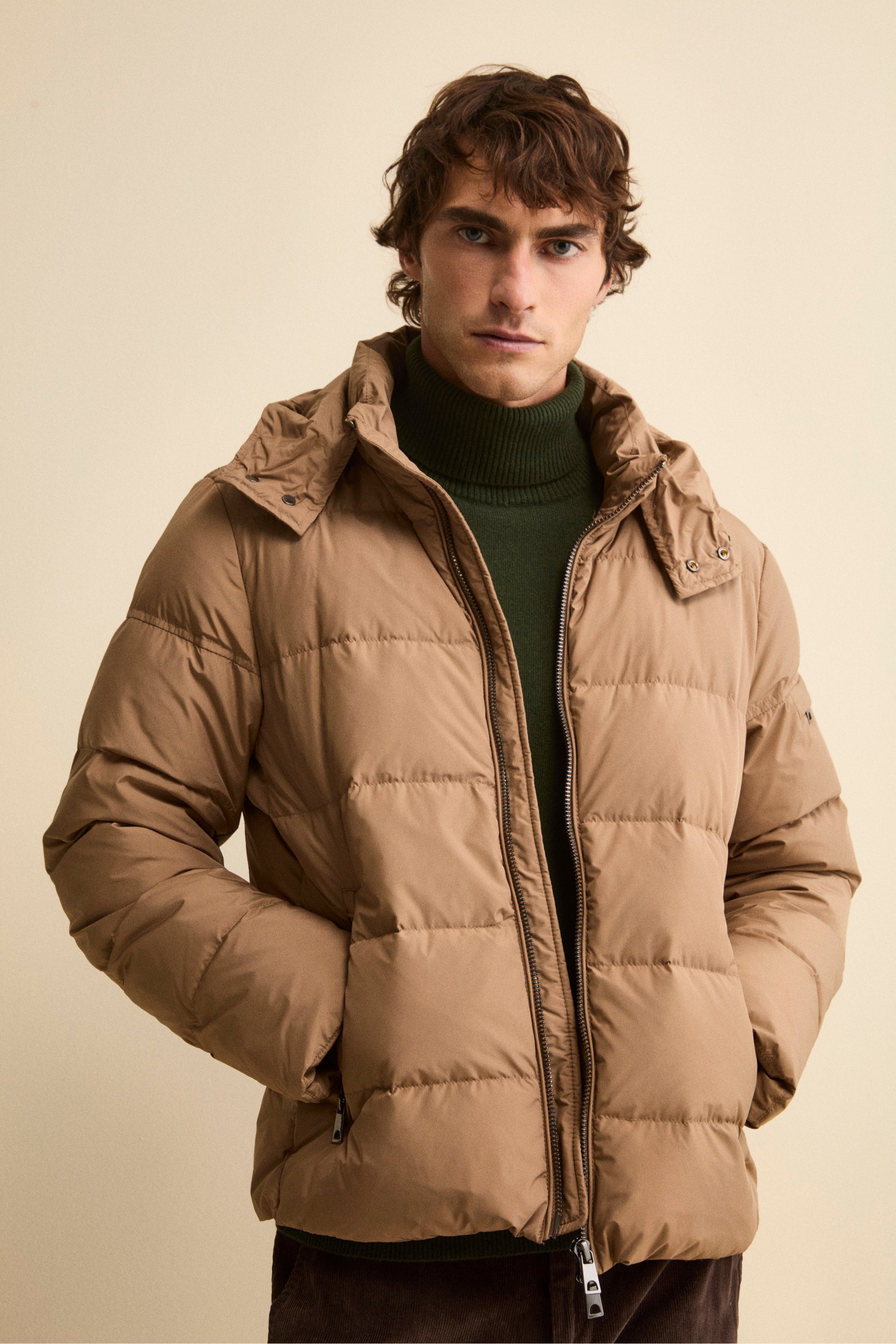 Down Jacket with Removable Hood - Camel