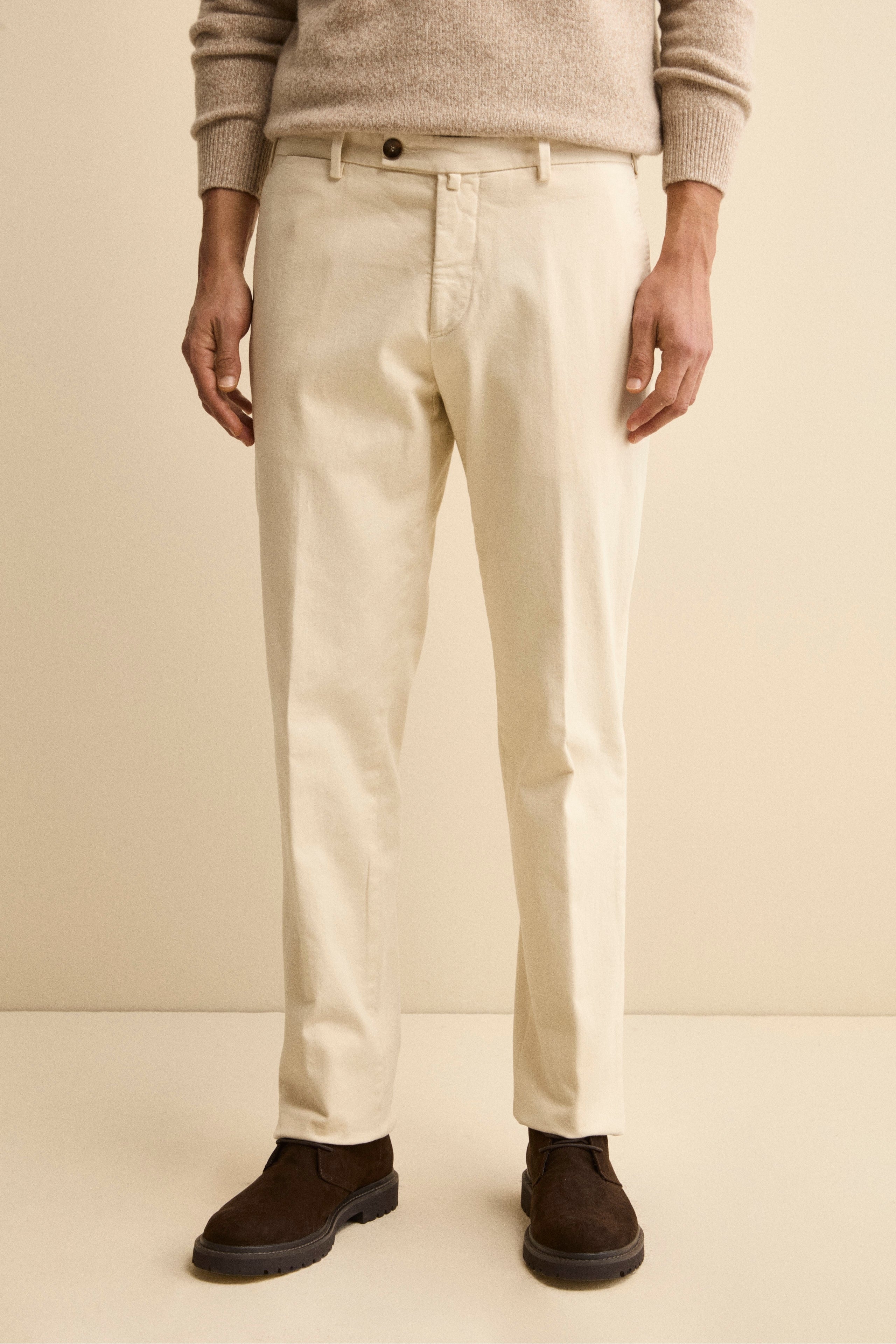 Regular Fit Stretch Cotton Trousers - Cream white