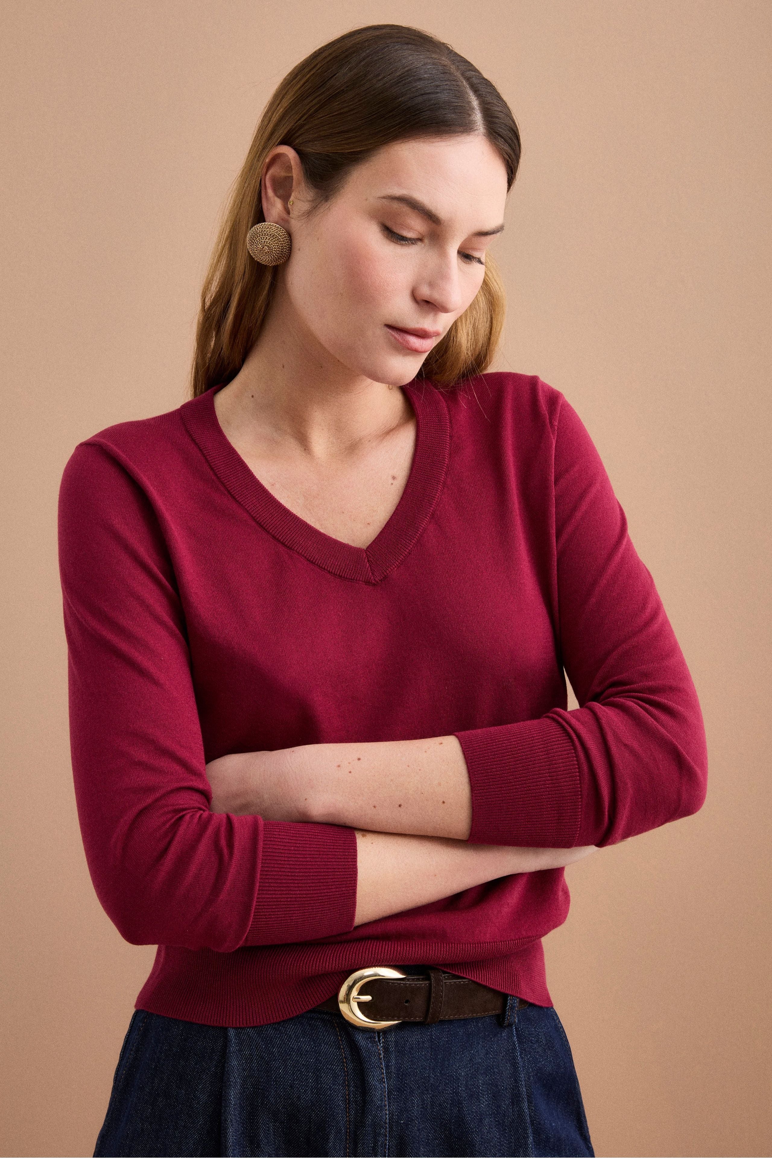 Maglia Boxy in Cotone con Scollo a V - BORDEAUX