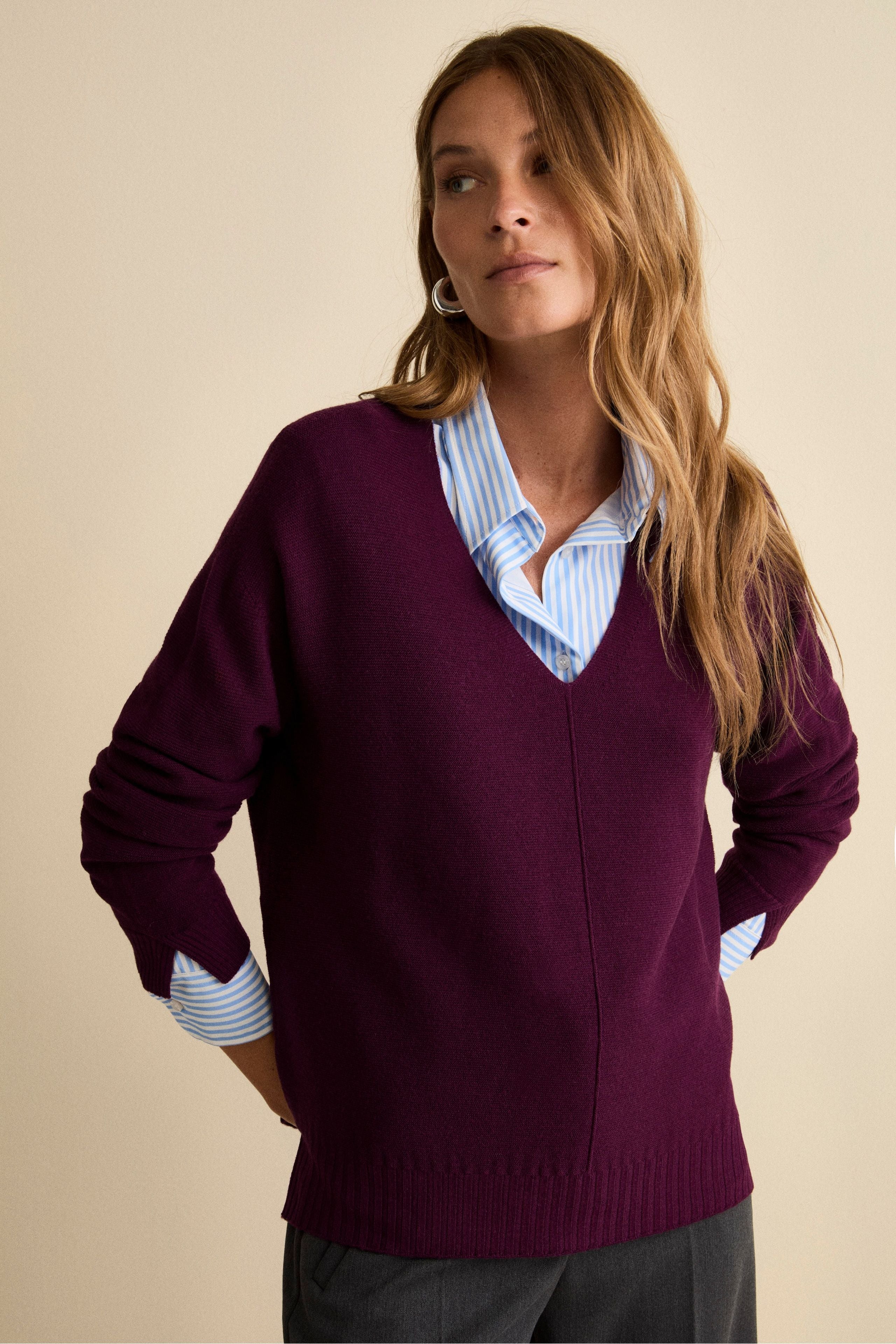 Oversized Merino Wool V-Neck Sweater - VIOLET
