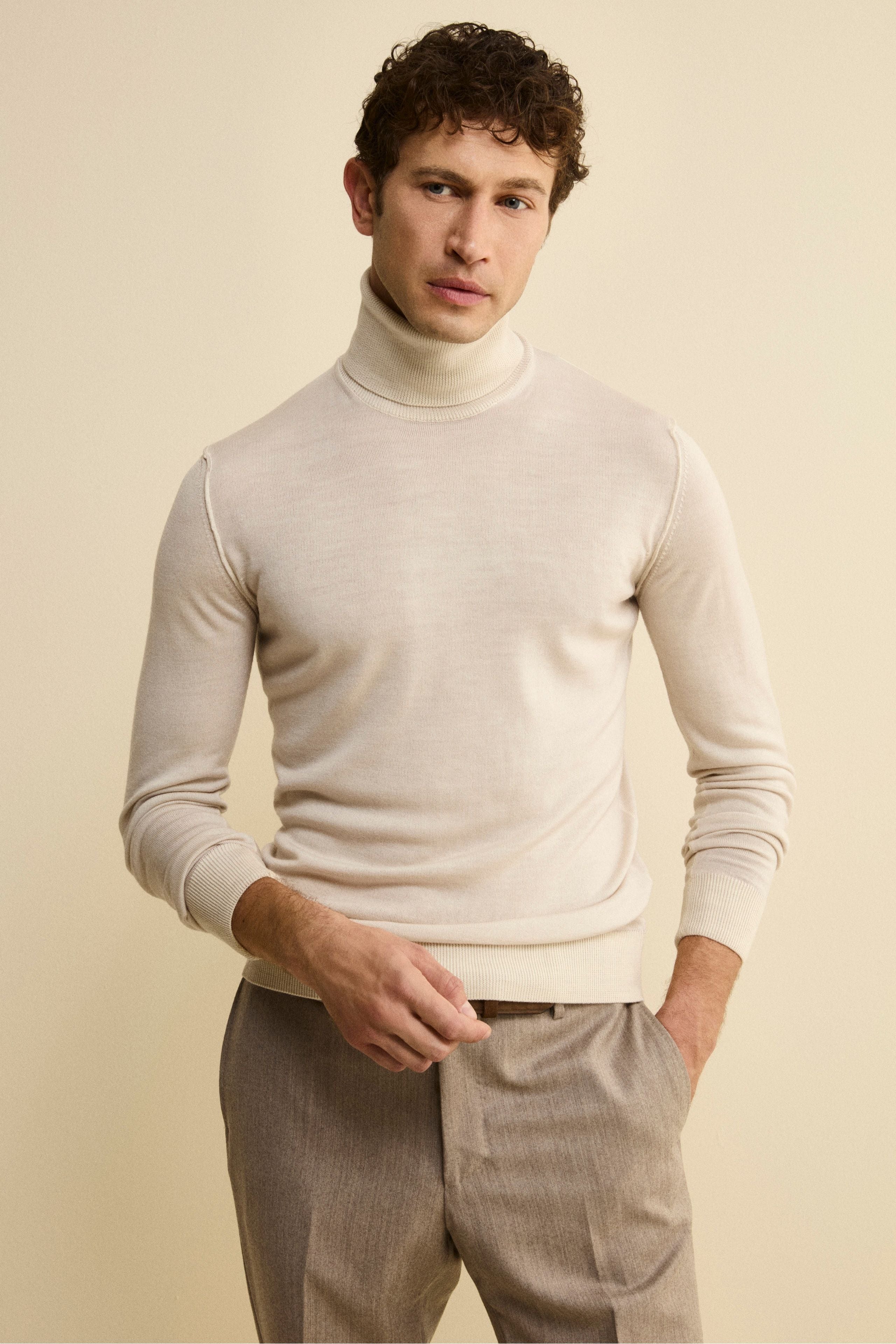 Men’s Merino Wool Turtleneck - Butter white