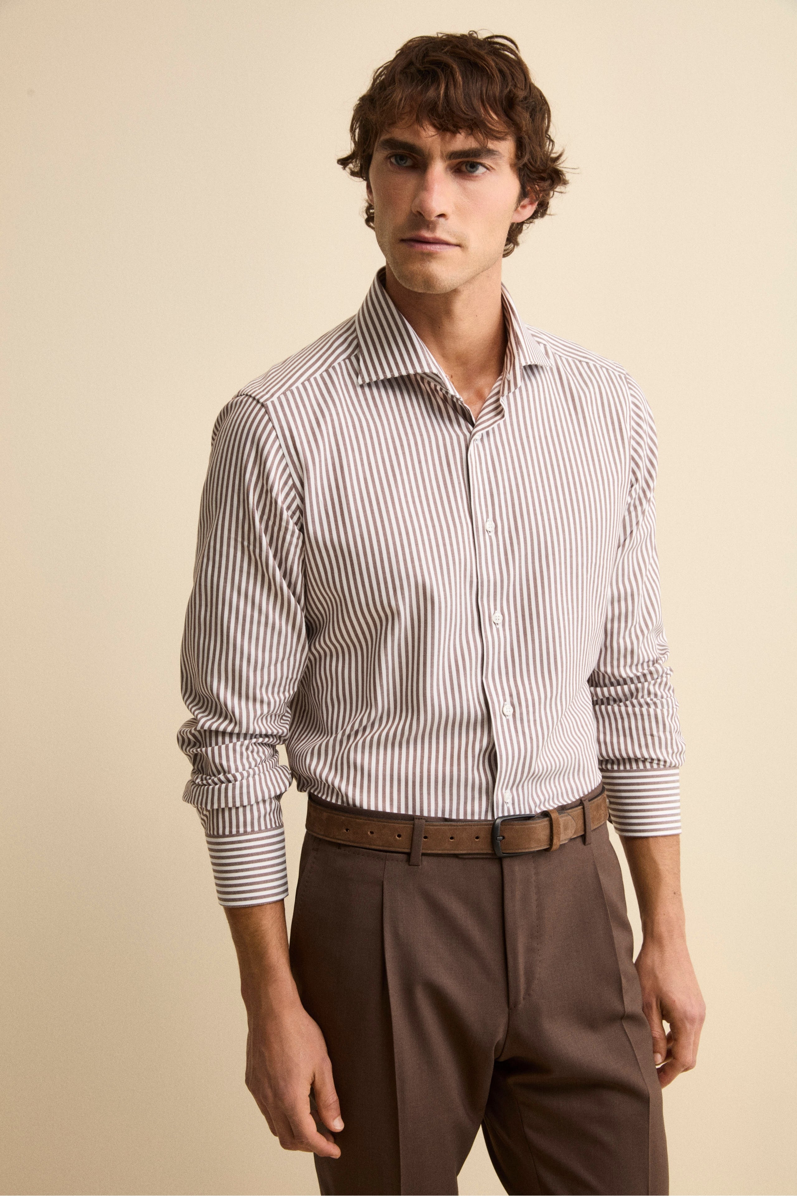 Slim Fit Cotton Shirt with French Collar - Brown stripe