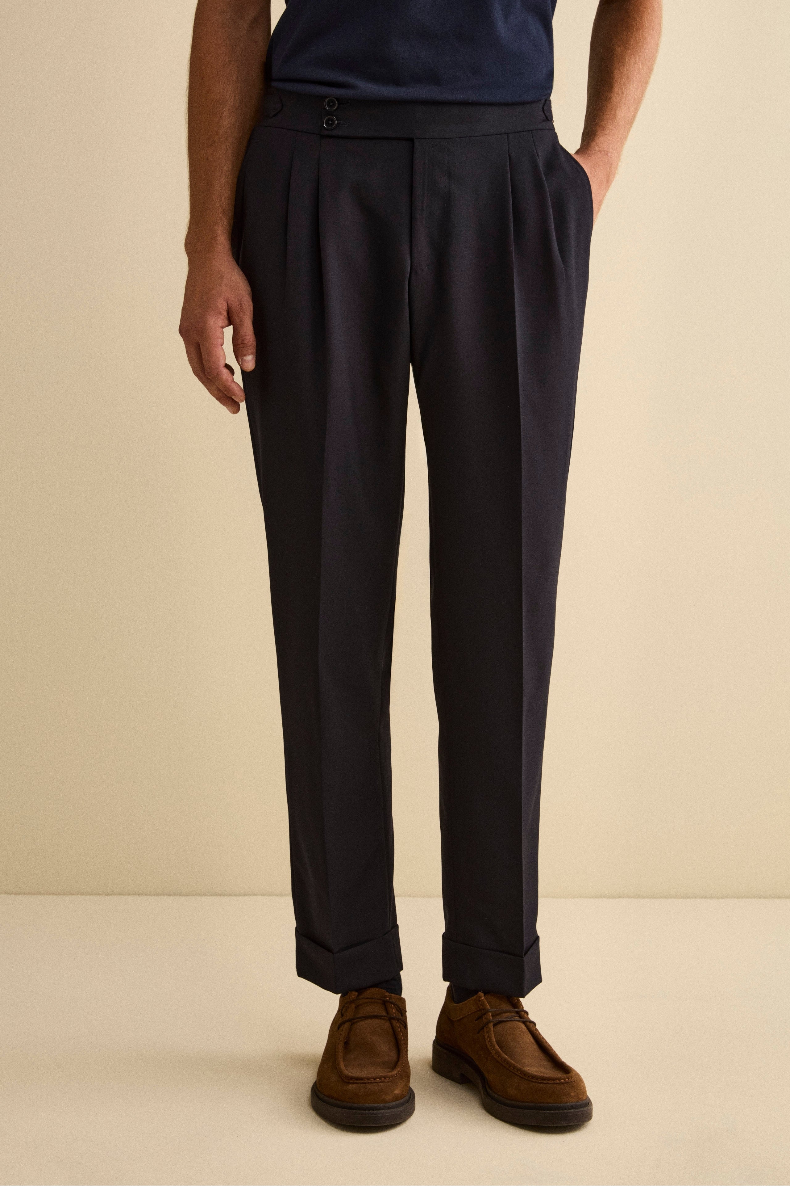 Virgin Wool Regular Fit Pleated Trousers - BLUE