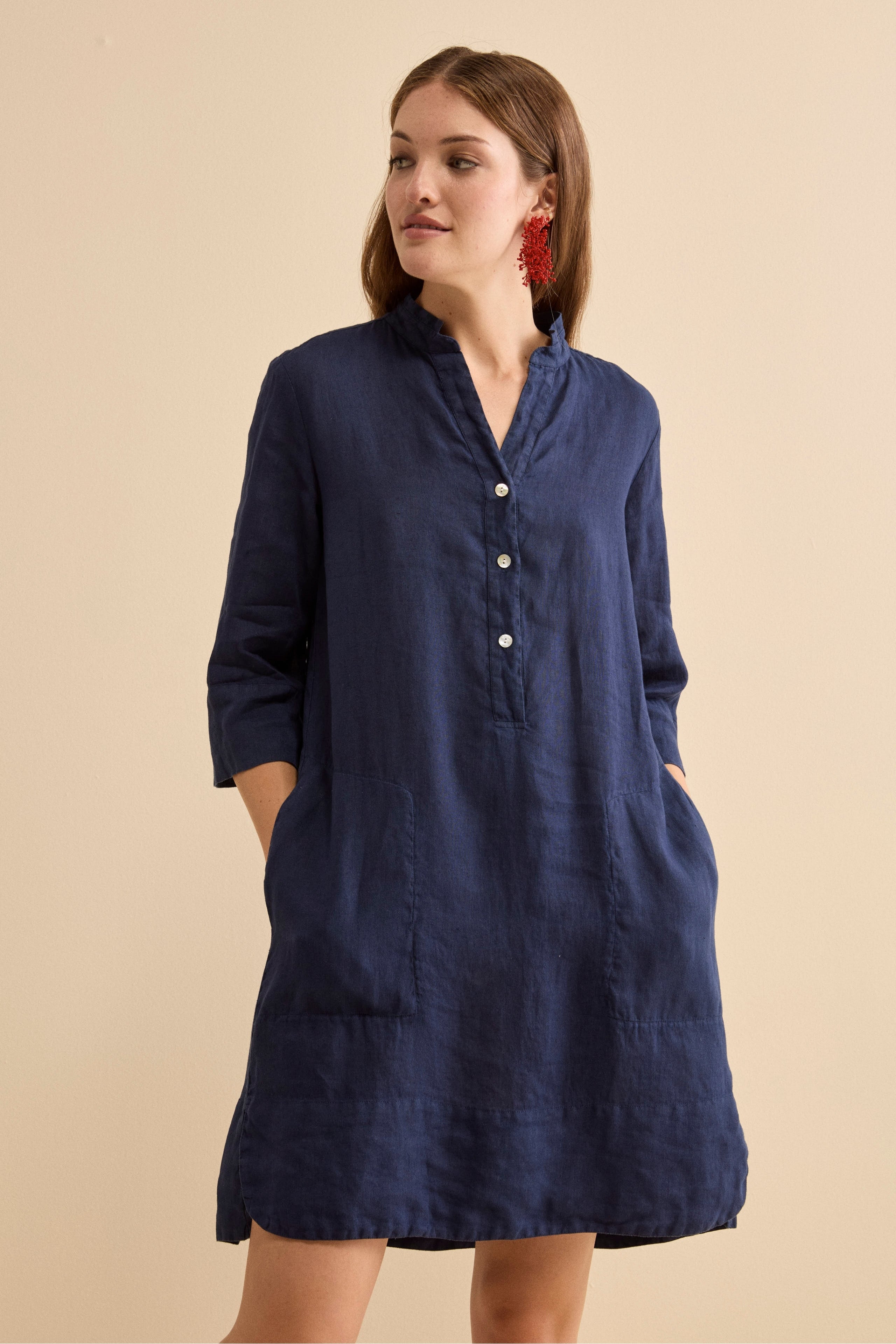 Midi Linen Shirt Dress with Mandarin Collar Navy blue 40