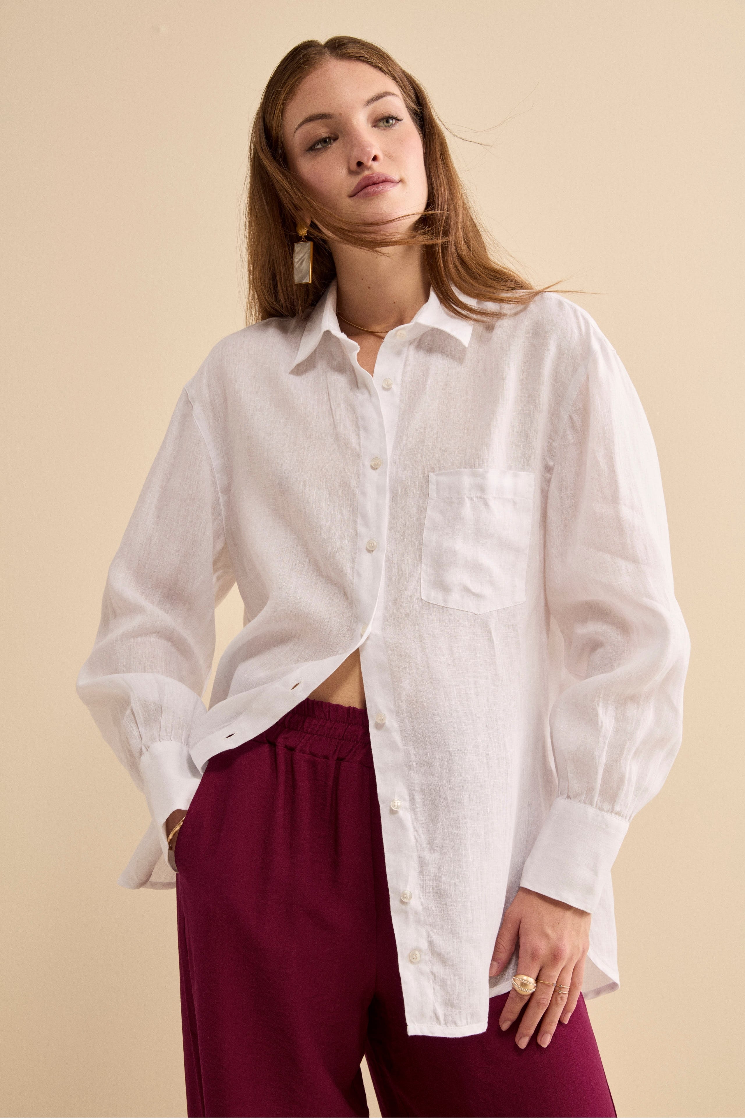 white linen dress shirt Oversized Linen Shirt with Chest Pocket