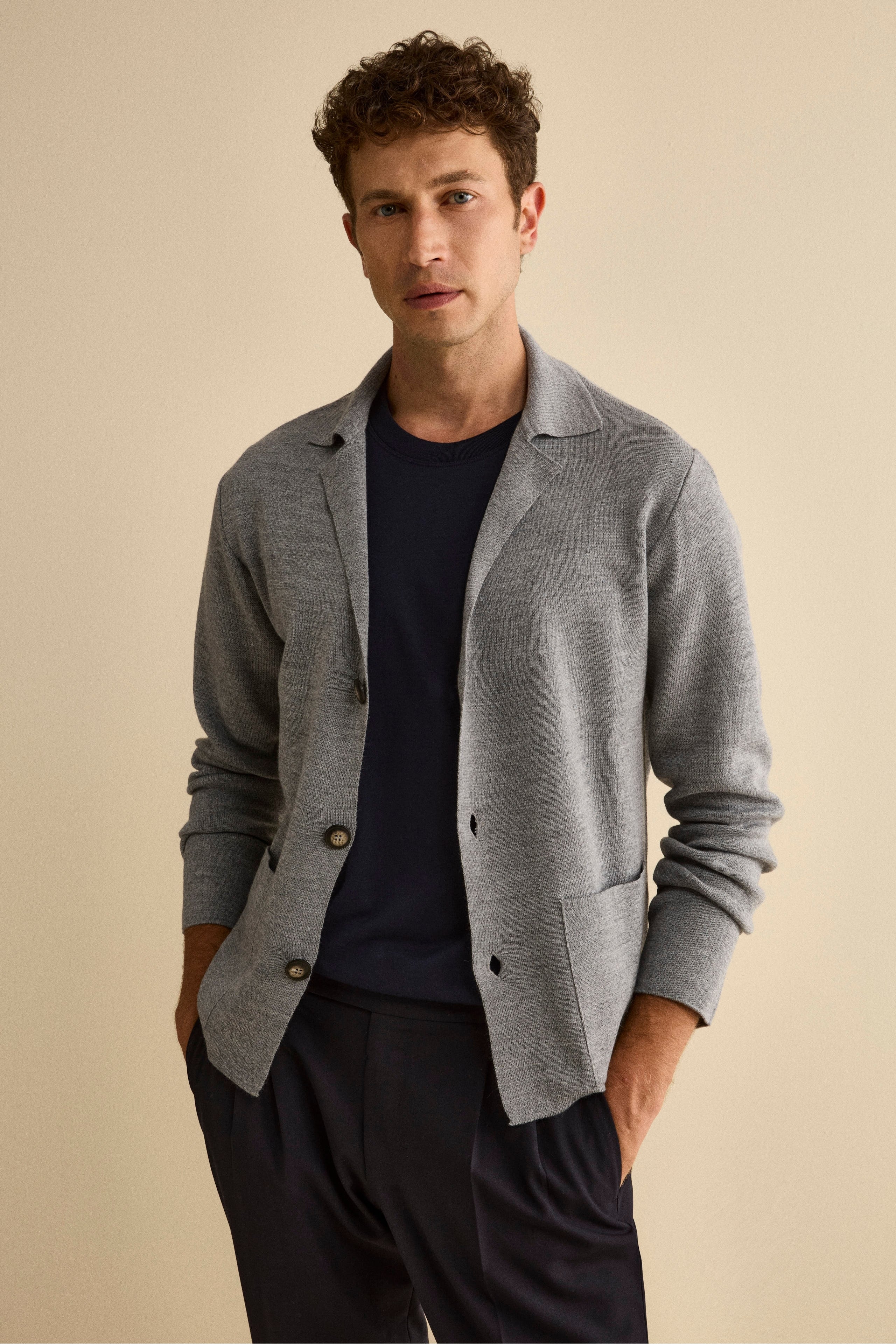 Wool-Blend Cardigan with Pockets and Buttons - GREY