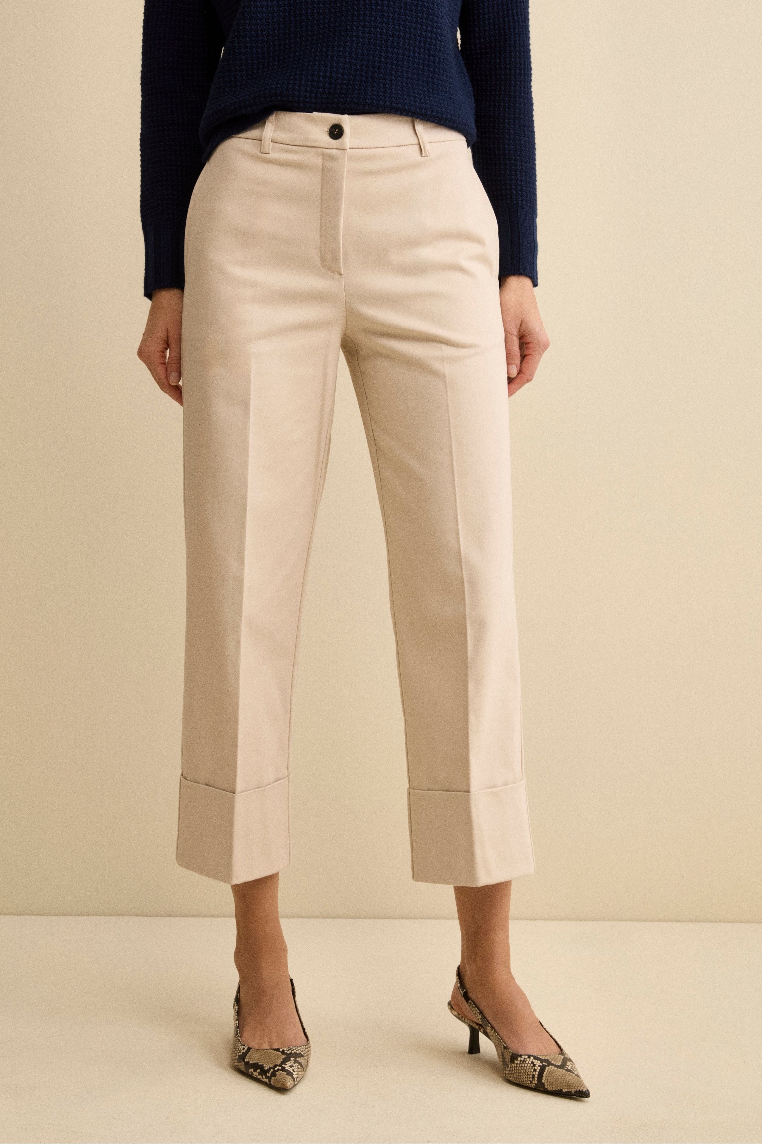 Wide-Leg Pleated Trousers with Cuff - Chalk white