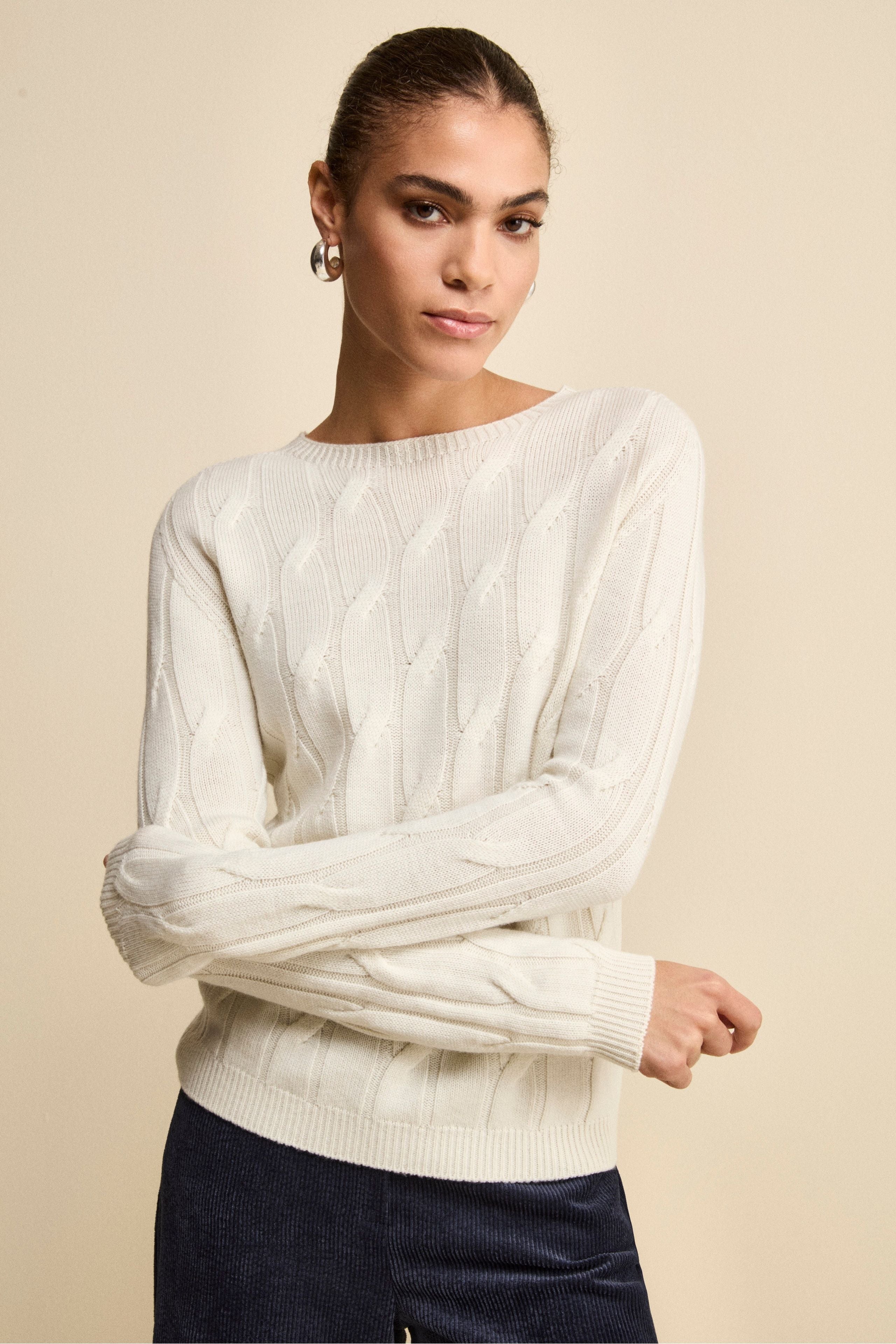 Cable-Knit Crewneck Sweater in Merino Wool - ECRU