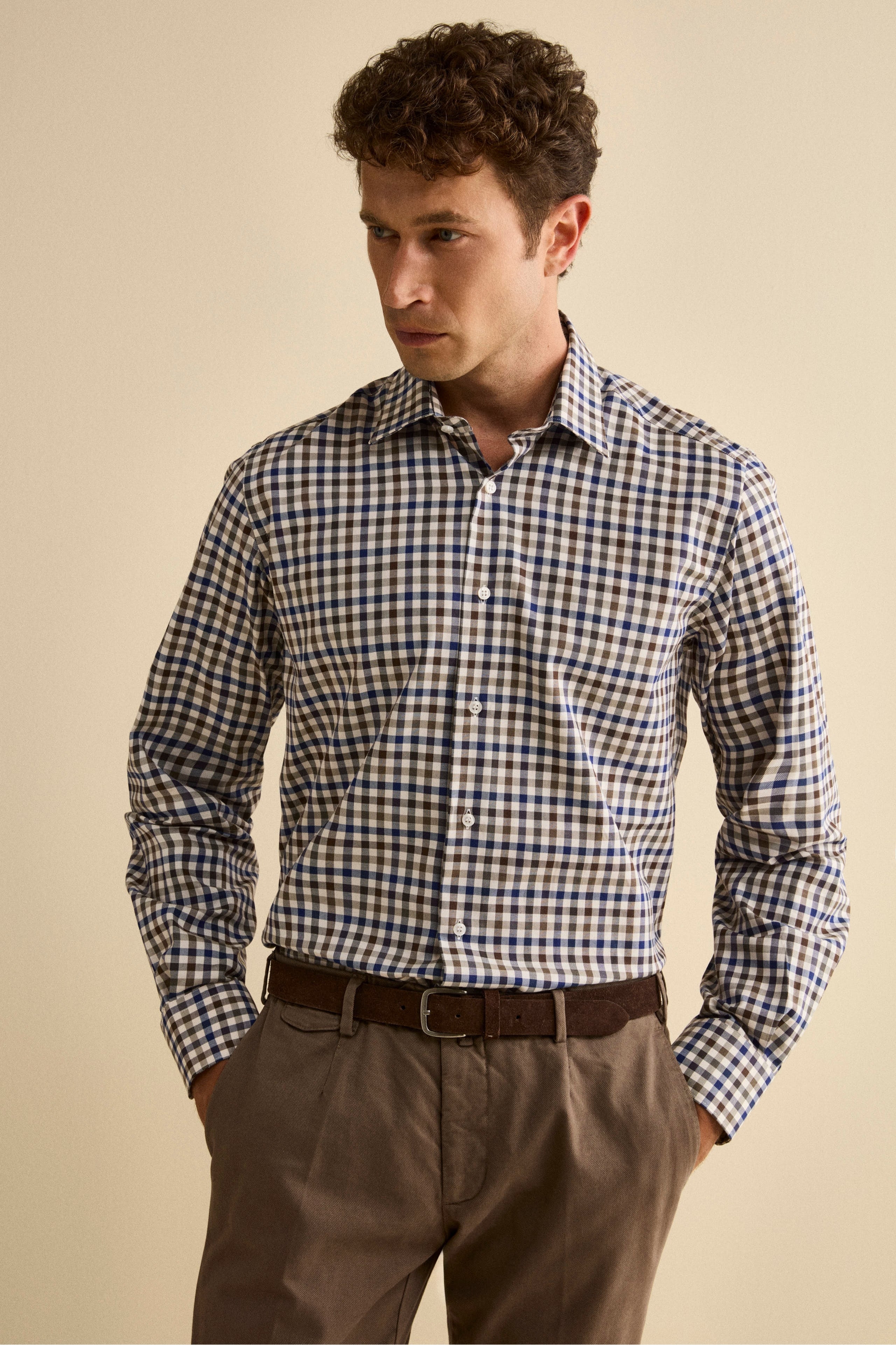 Cotton Checked Shirt Regular Fit - BLUE/DARK BROWN CHECK