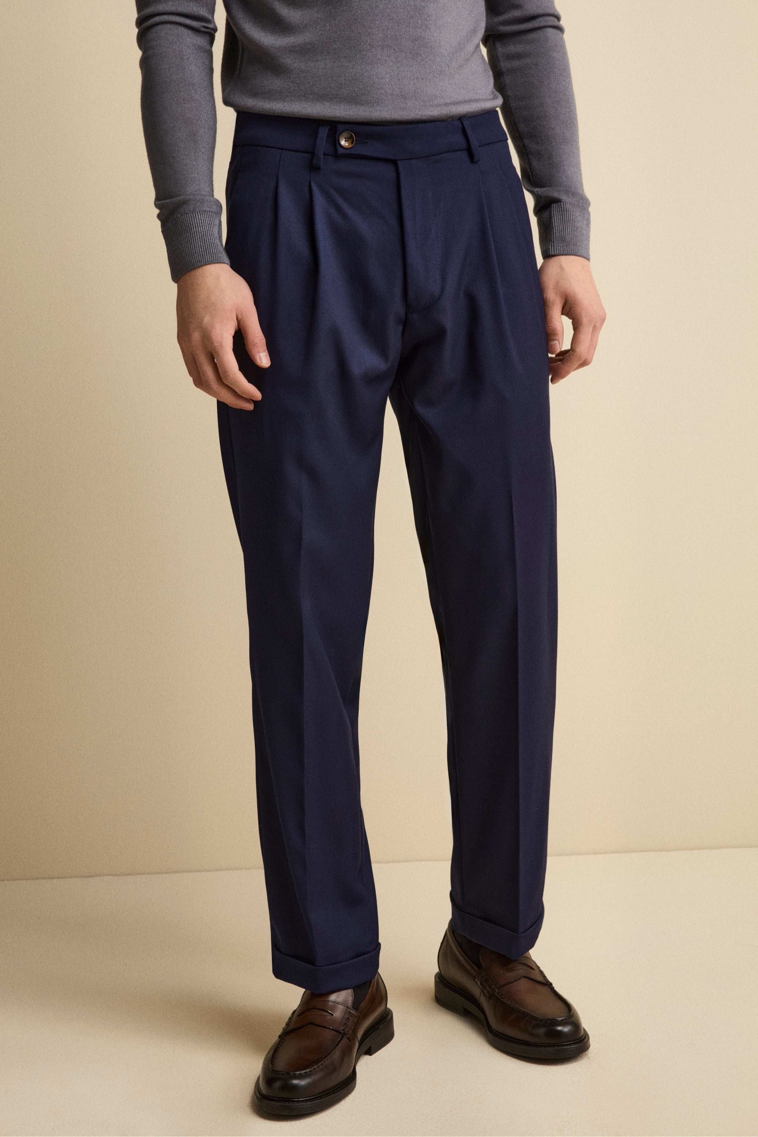 Straight-Leg Wool-Blend Trousers with Pleats and Cuffed Hem - BLUE