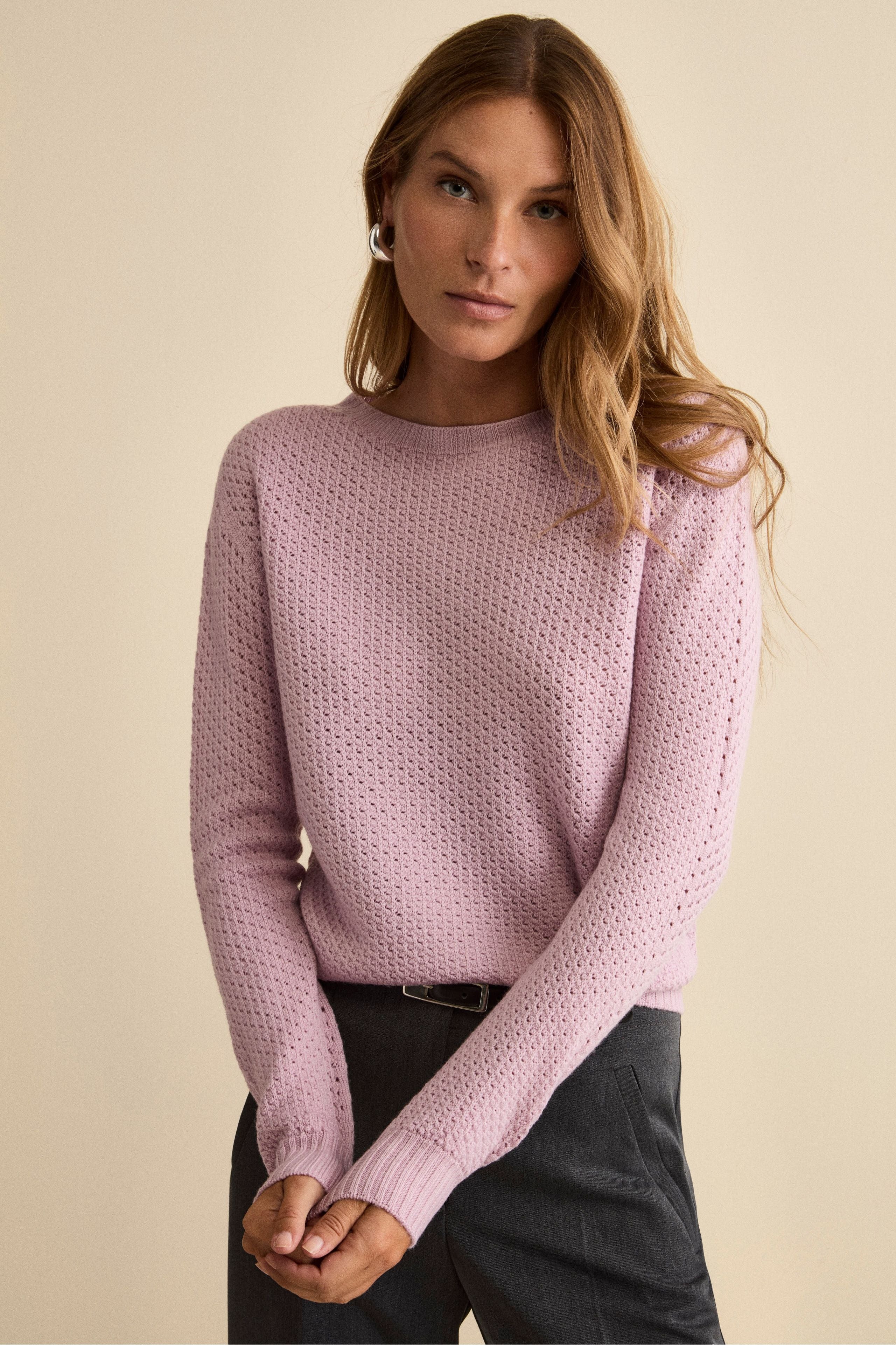 Openwork Merino Wool Crewneck Sweater - Pink