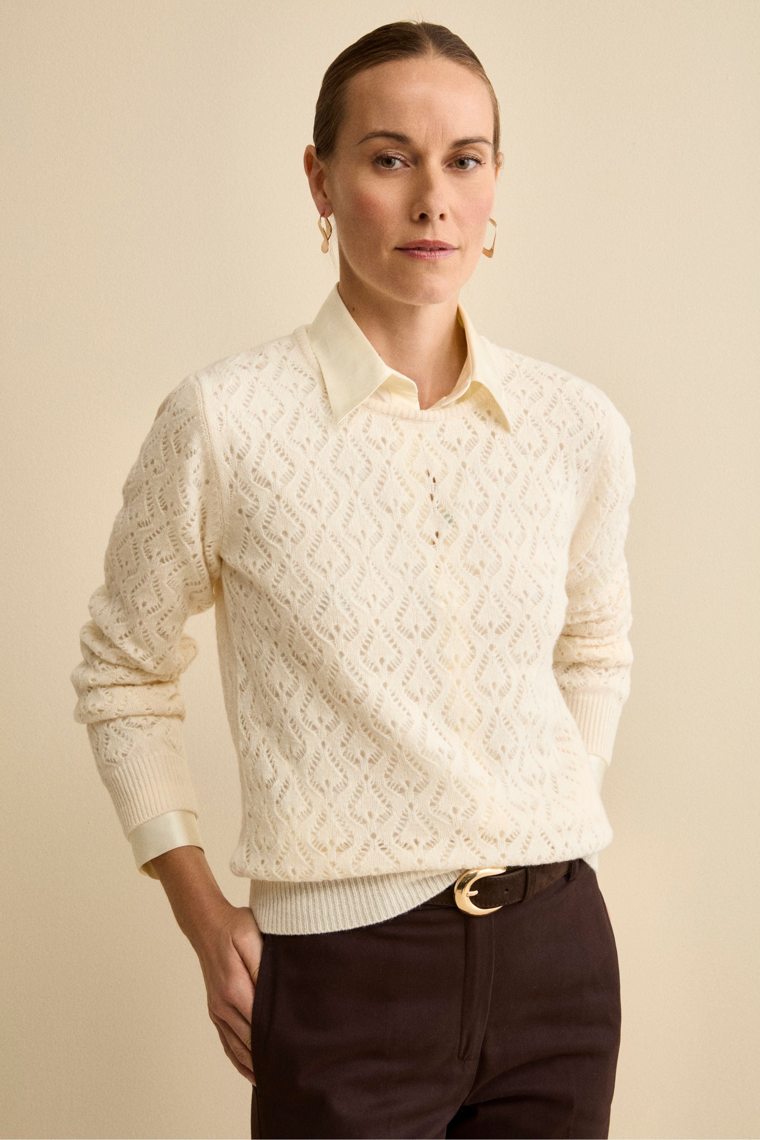 Lace-Stitch Openwork Wool-Cashmere Crewneck - Cream white