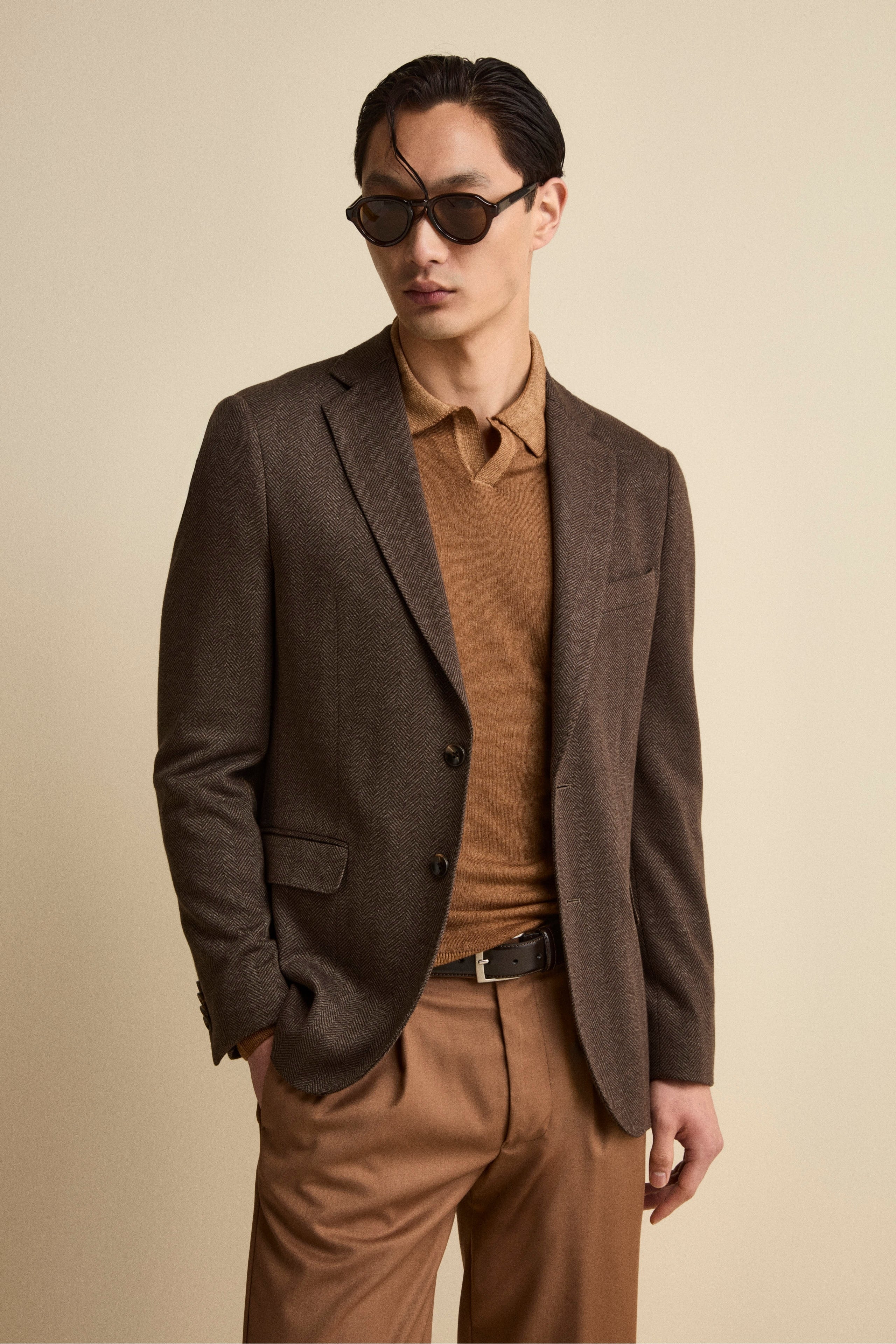 Single-Breasted Regular Fit Jacket with Notch Lapels - Dark brown