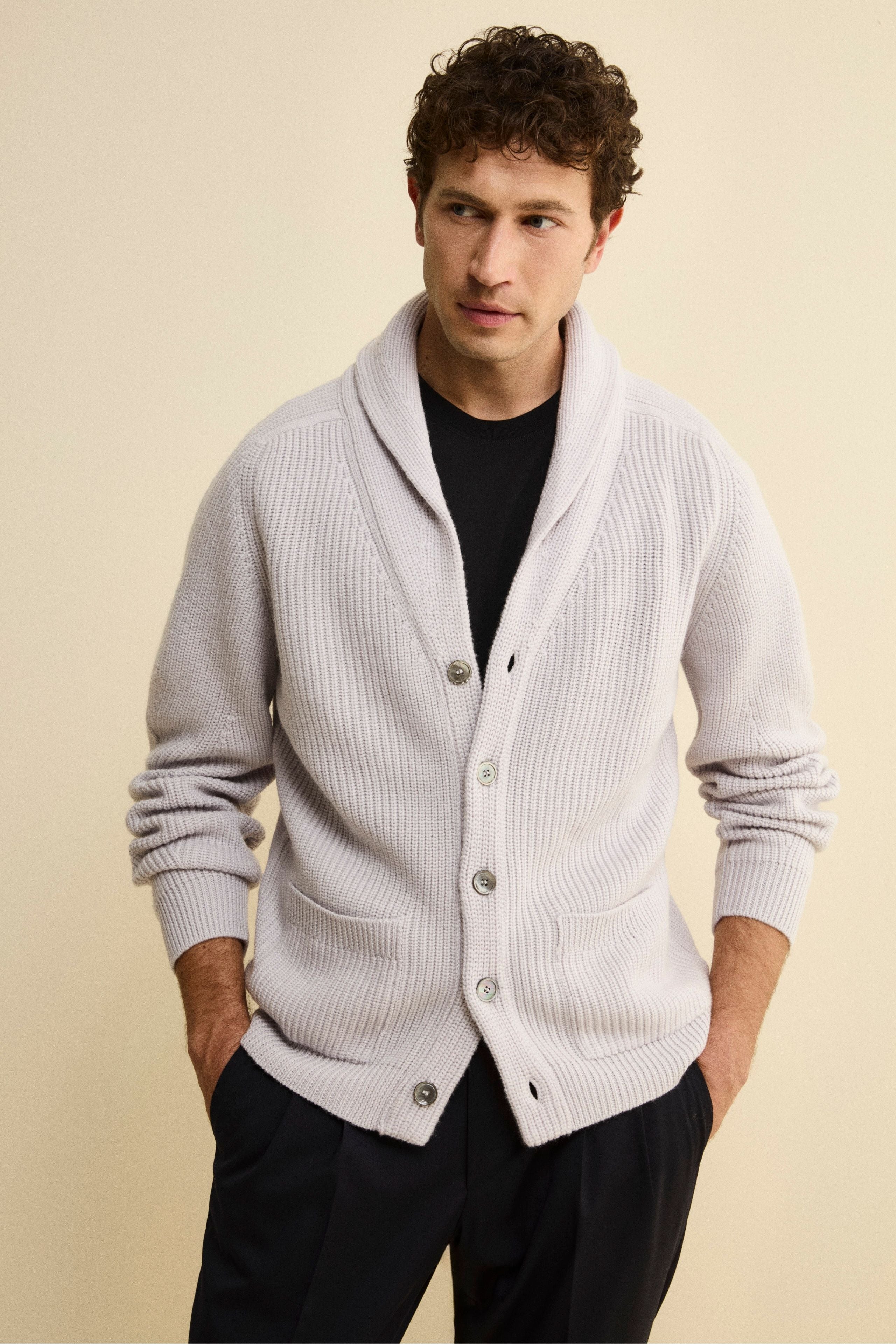 Cardigan en Laine Mérinos à Côte Anglaise - Gris clair