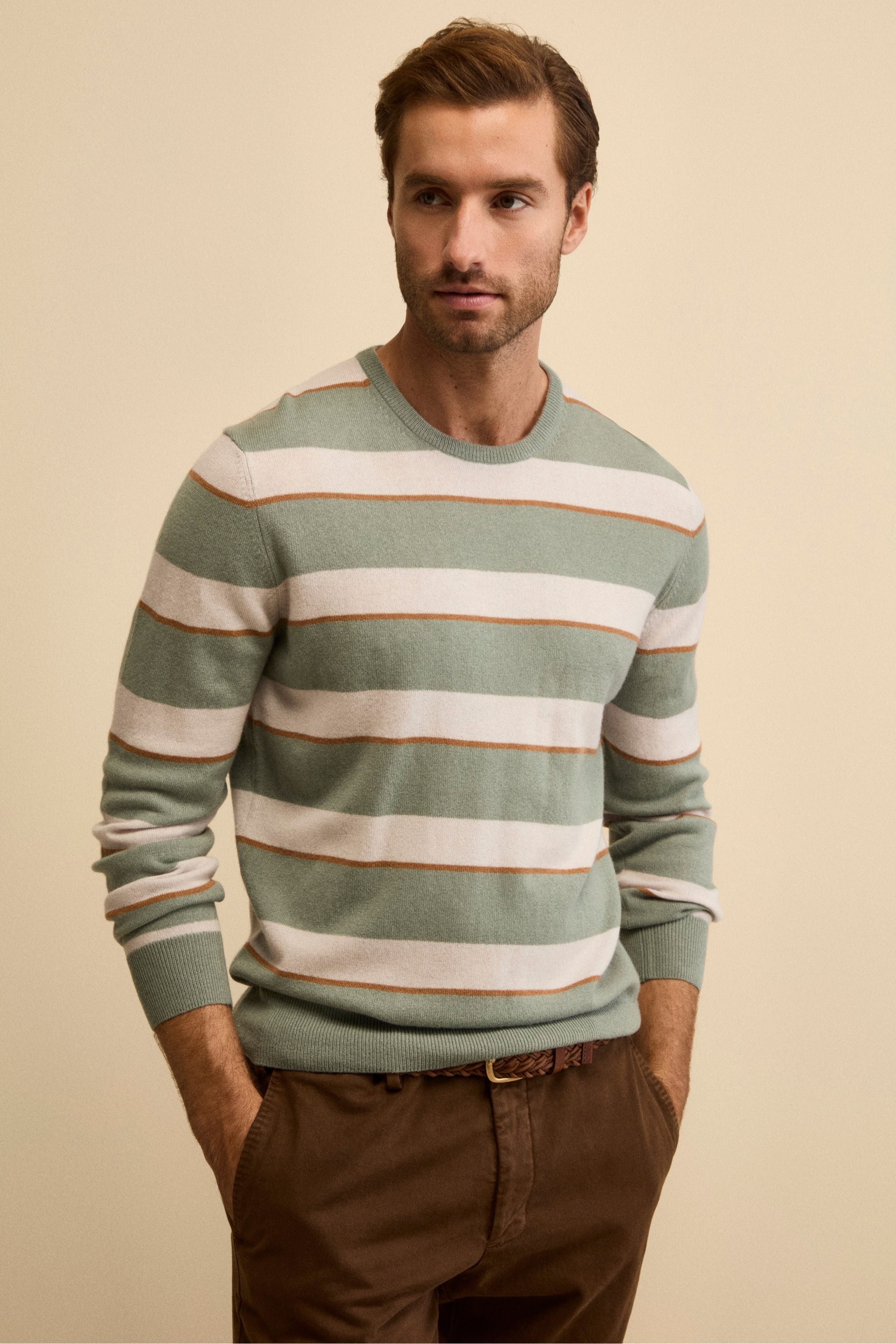 Striped Crewneck Sweater in Wool and Cashmere Blend - GREEN/BEIGE STRIPED