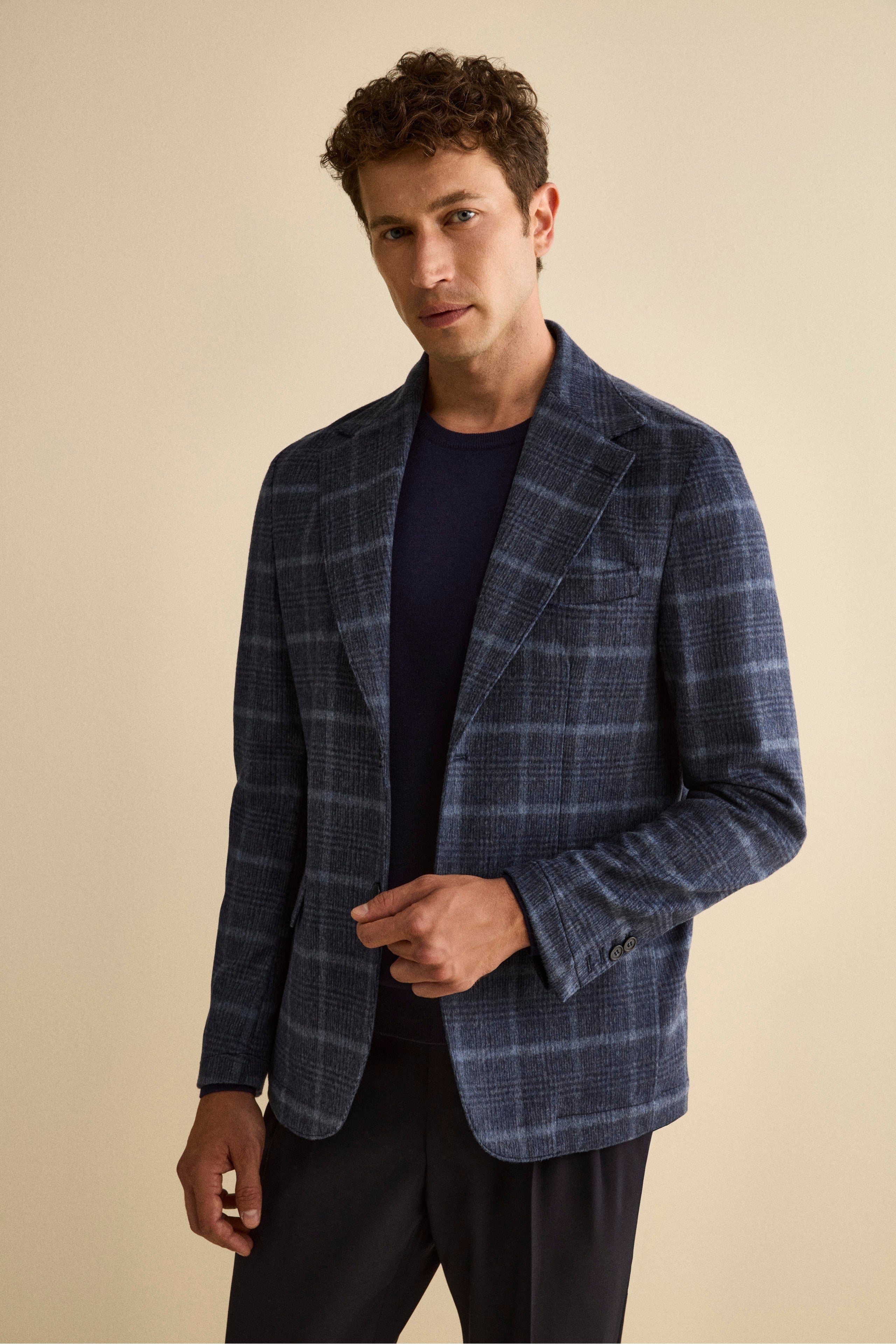Unstructured Check Jacket in Wool Blend - BLUE