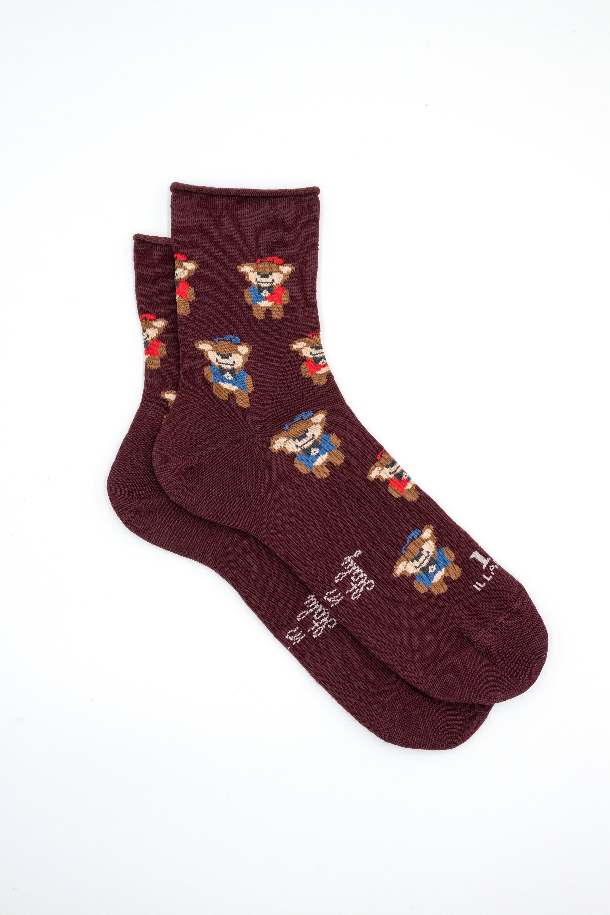 Short Socks with Teddy Bear Pattern - Burgundy