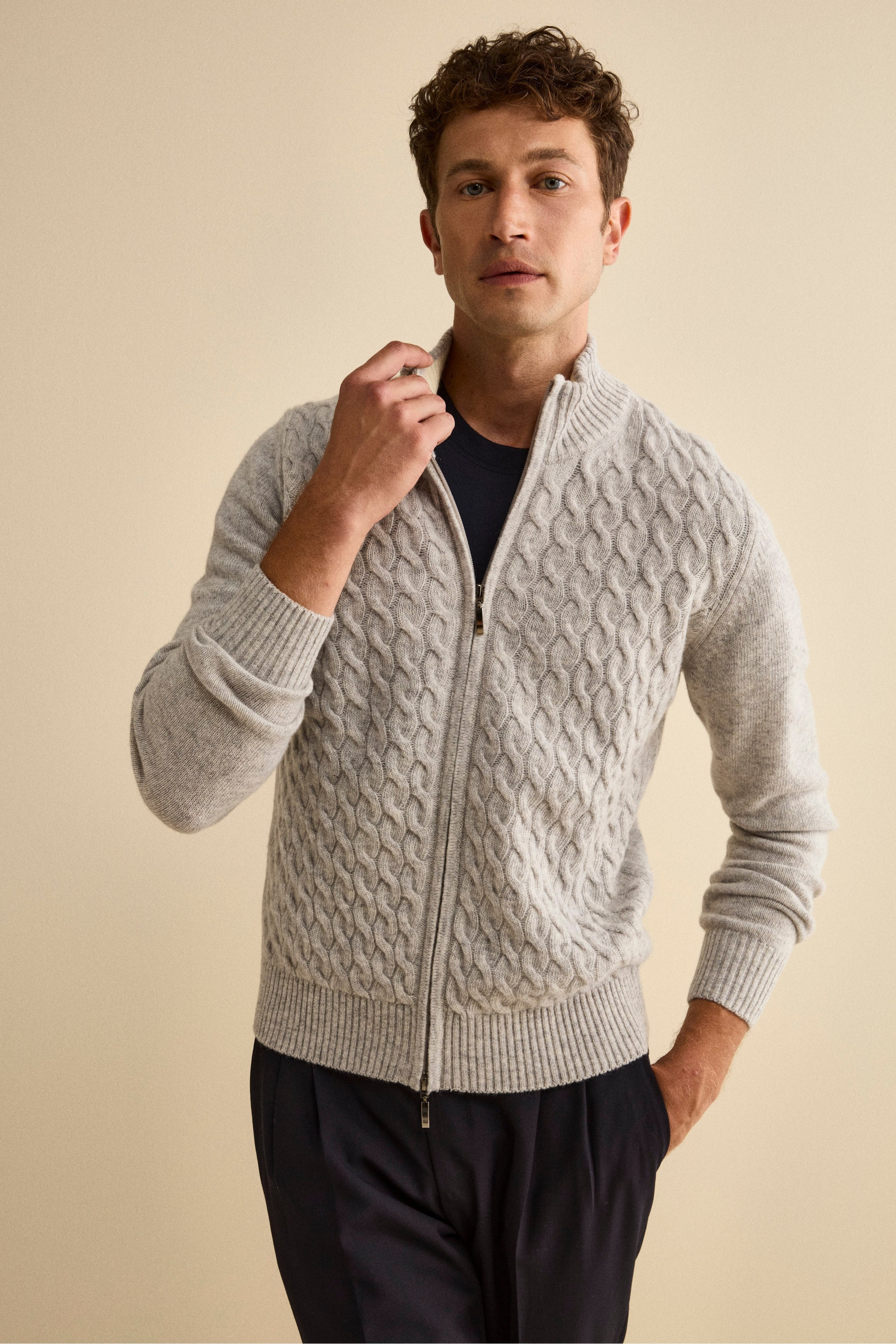 Cable-Knit Wool Bomber with Mock Neck - Grey melange